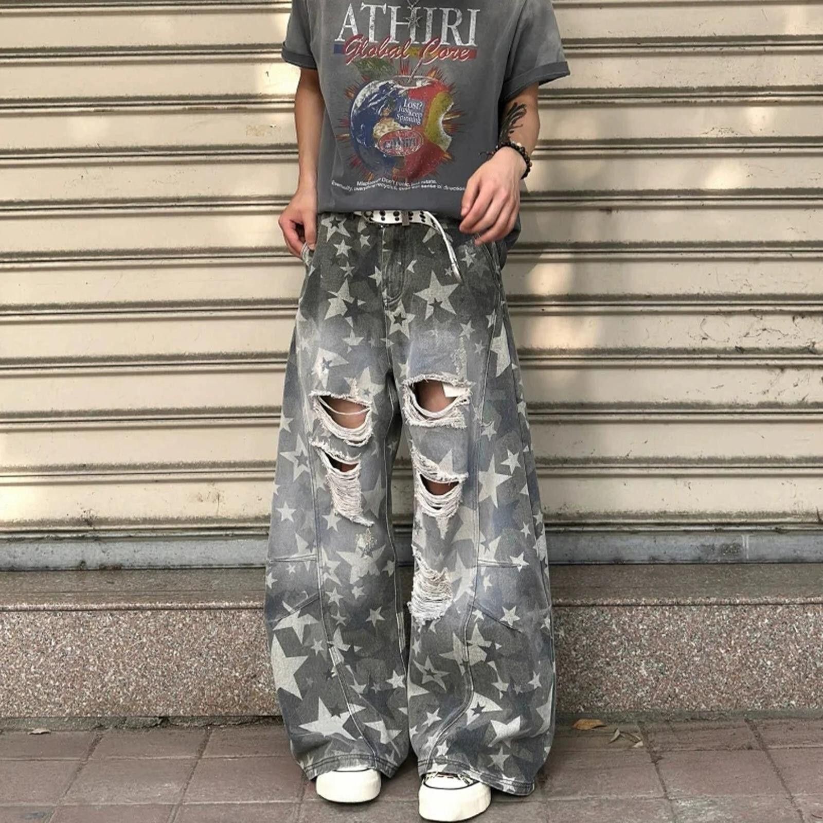 Jean Gray Distressed Star Print Wide Leg Jeans, Baggy Fit Size US 28 / EU 44 - 6 Thumbnail