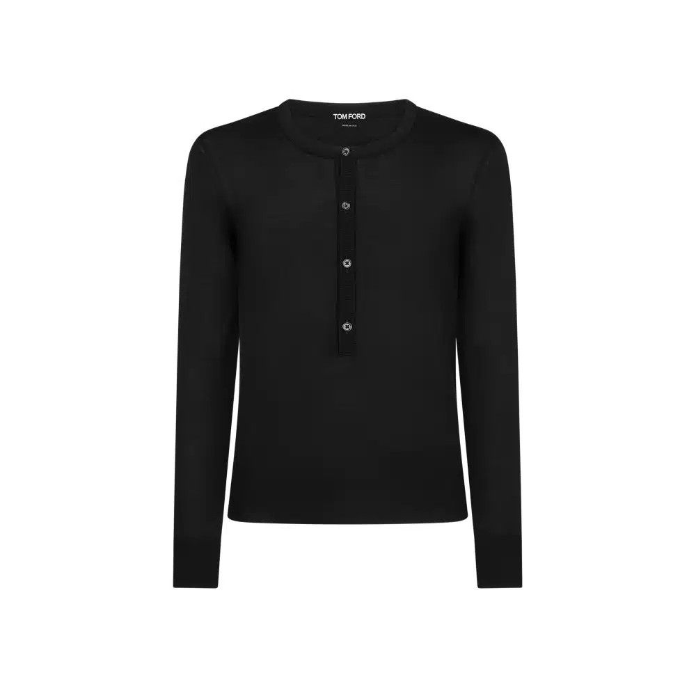 Tom Ford o1loc1c0325 KYL012 Silk Blend Henley Shirt in Black Size US L / EU 52-54 / 3 - 1 Thumbnail