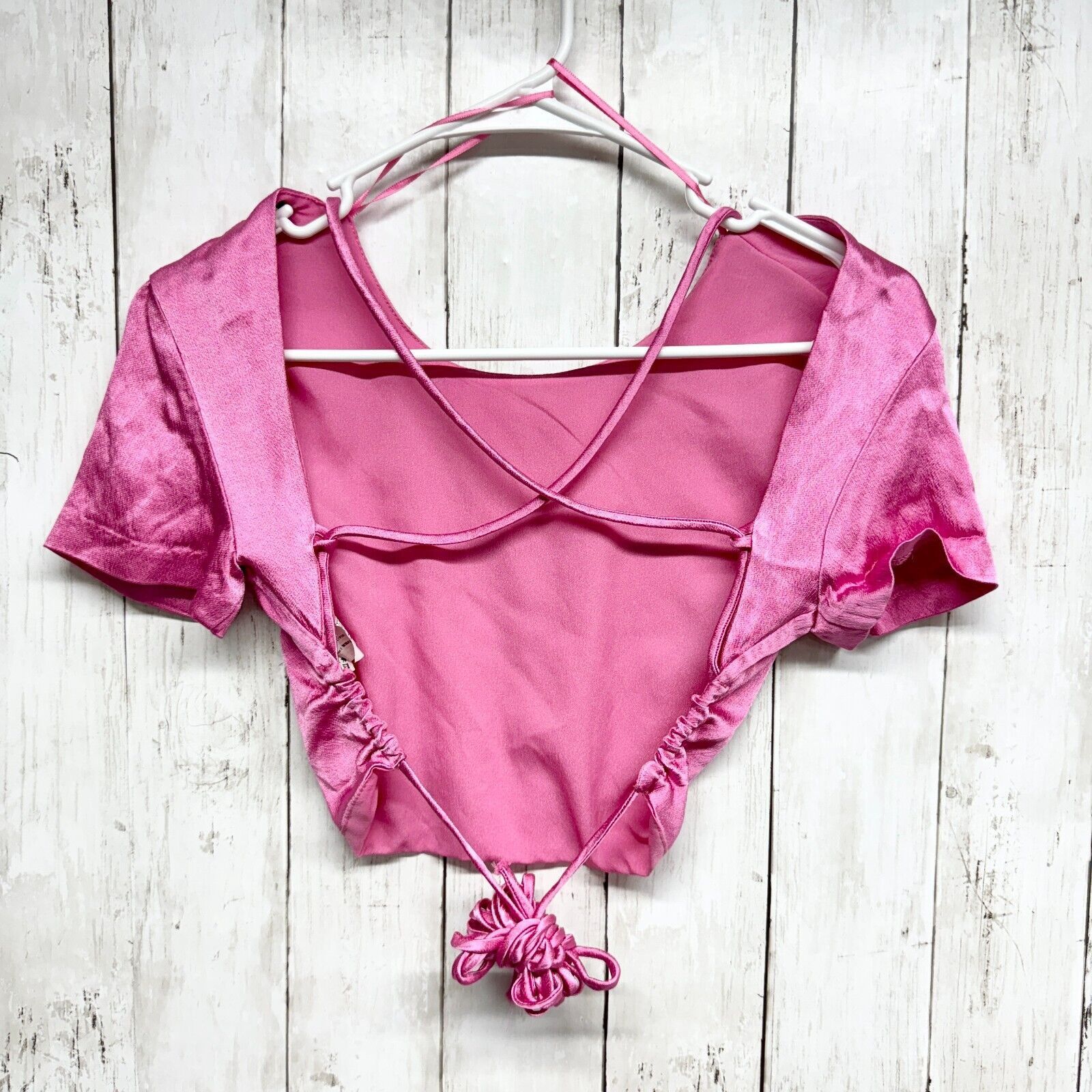 Zara Zara Top XS Cropped Satin Open Back Short Sleeve Pink Laced Size XS / US 0-2 / IT 36-38 - 2 Thumbnail
