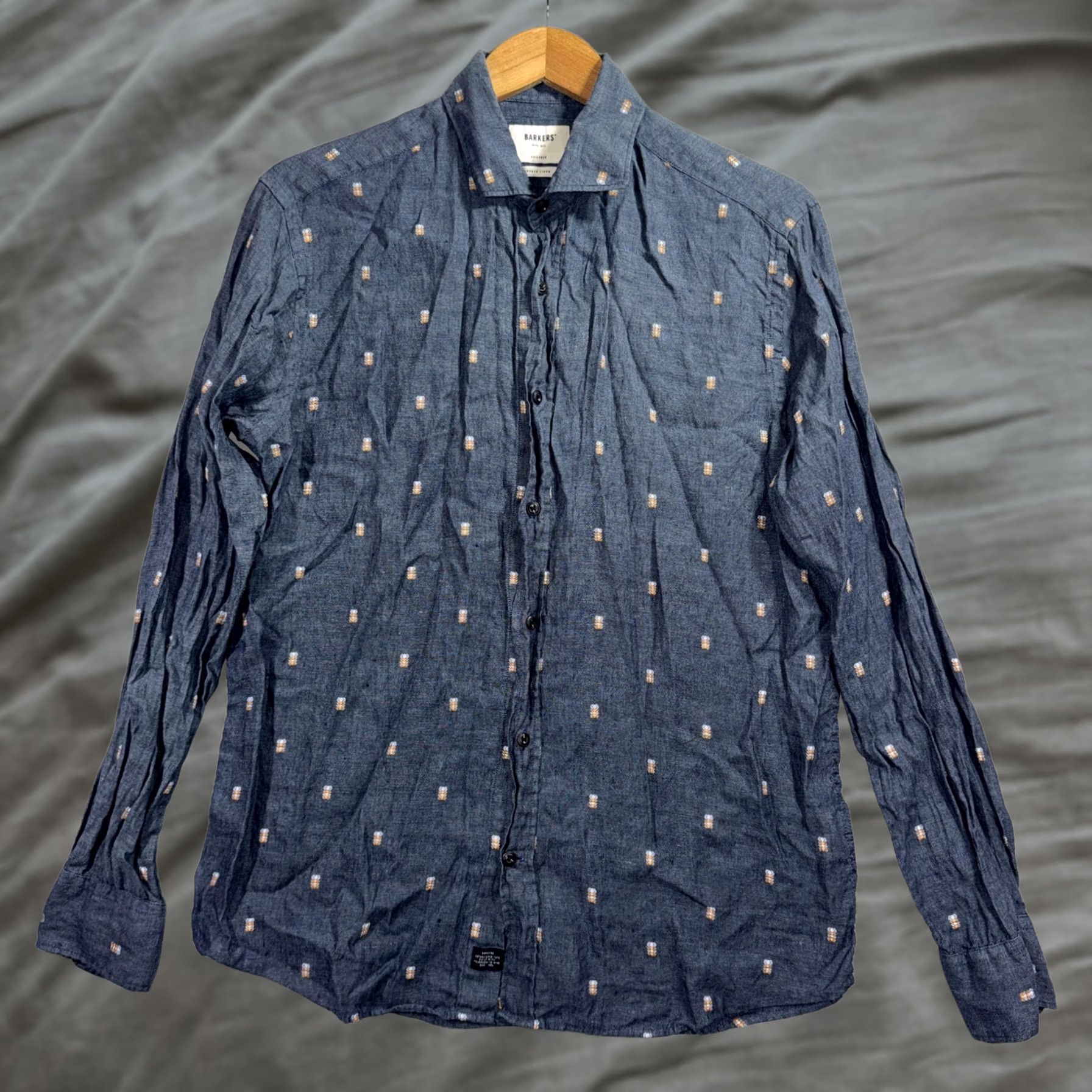 Barker Barkers Shirt Mens M Blue Linen Geometric Embroidered Slim Button Up Size US M / EU 48-50 / 2 - 1 Thumbnail