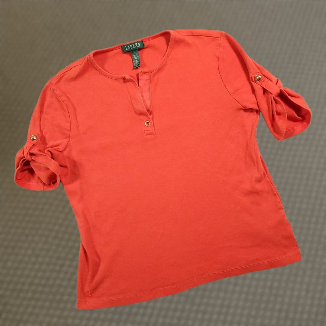 Ralph Lauren VINTAGE Lauren Ralph Lauren Short Rolled Sleeve Shirt Women's Large Orange V Neck Shirt Size L / US 10 / IT 46 - 1 Thumbnail