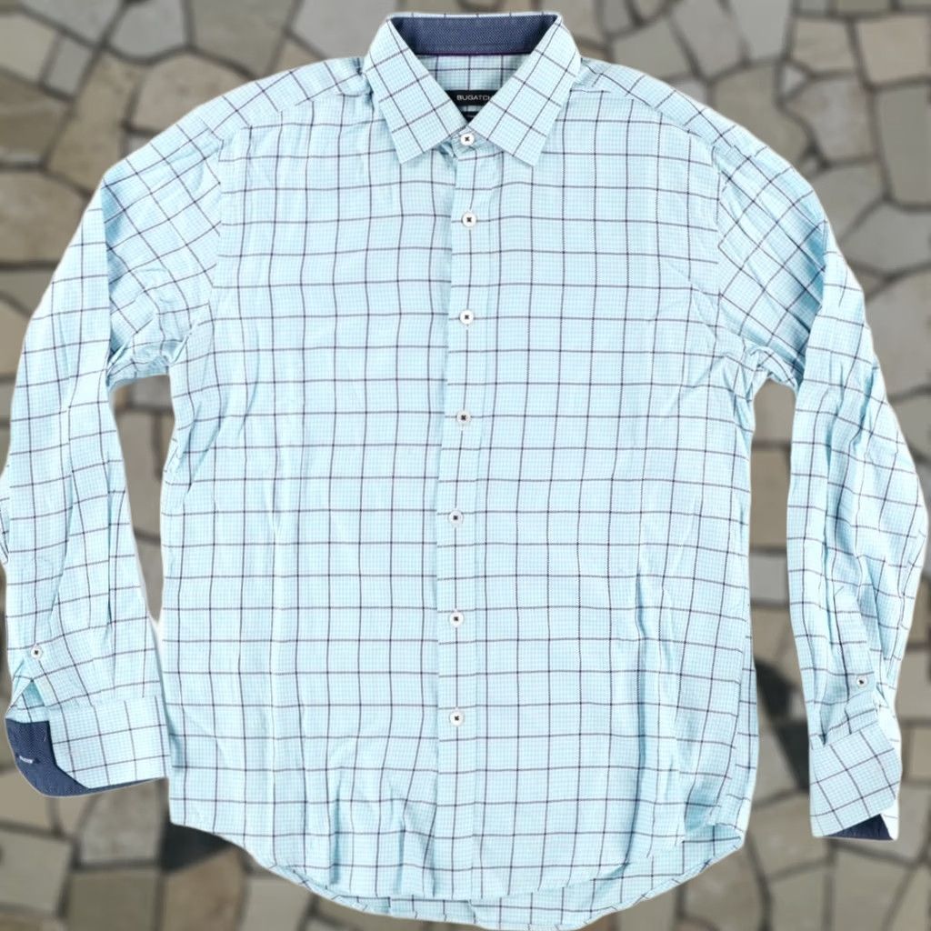 BUGATCHI Bugatchi Shaped Fit Cotton Striped Long Sleeve Button Up Shirt Blue Men's L Size US L / EU 52-54 / 3 - 1 Thumbnail