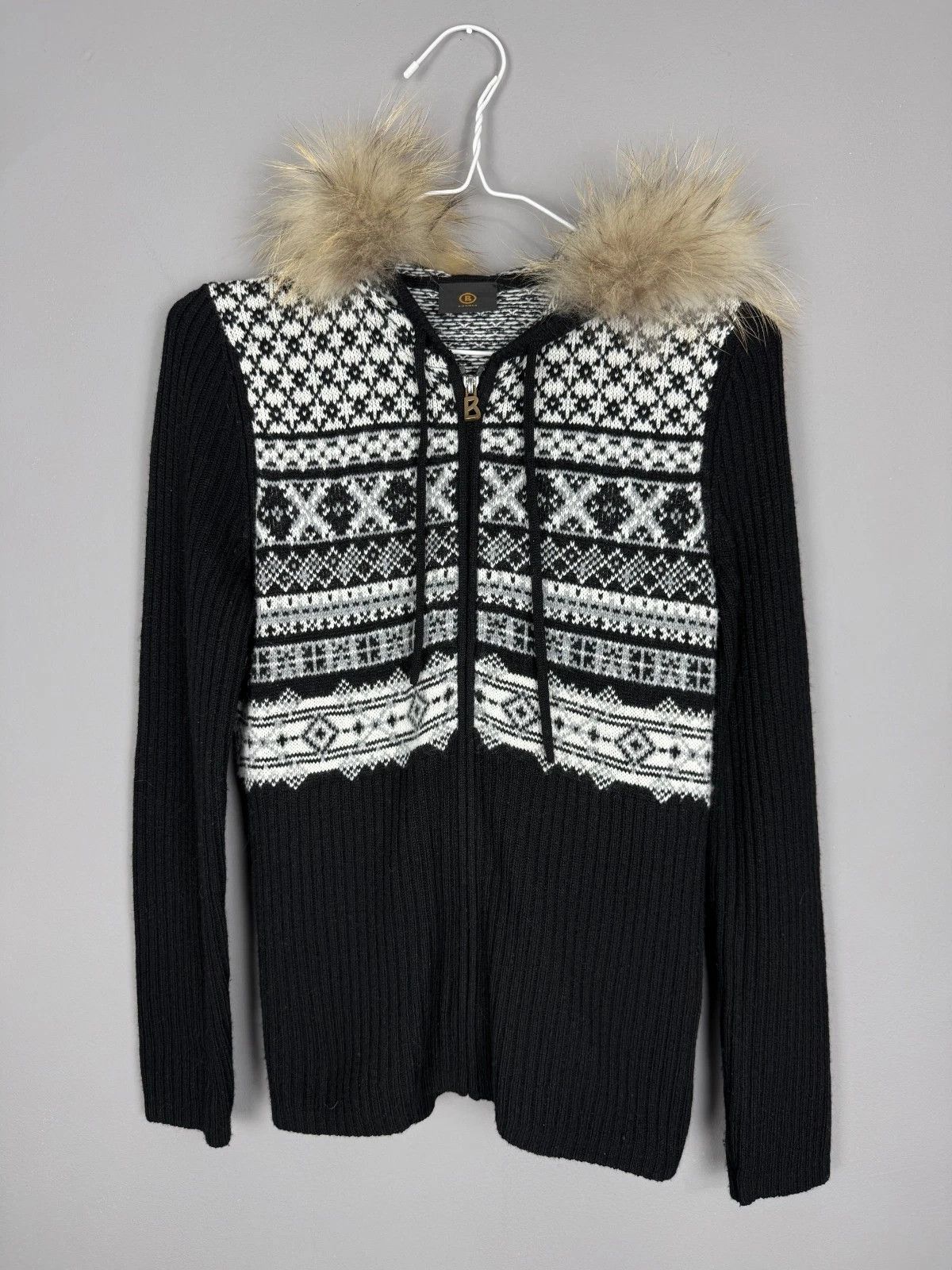 Bogner Bogner Women’s Wool Sweater Fur Trim Hood Nordic Knit Size M / US 6-8 / IT 42-44 - 4 Thumbnail