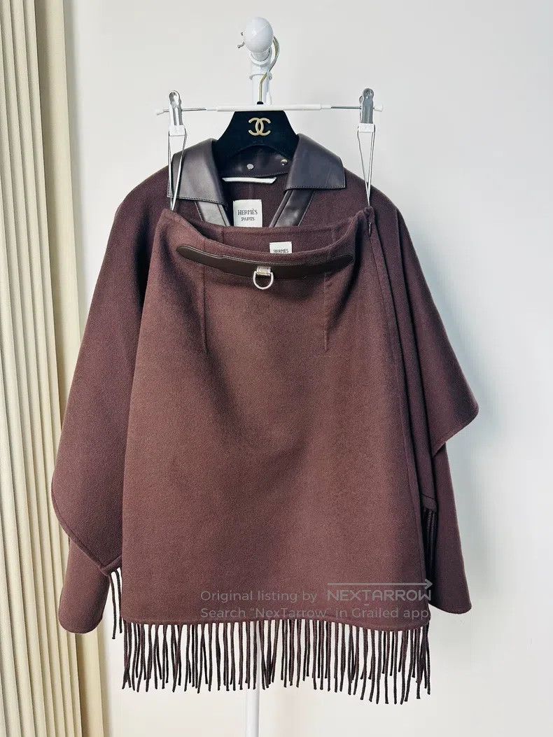 Hermes Hermes Brown Fringe Set, 100% Cashmere + Genuine Leather L Size XXS / US 00 / IT 34 - 3 Thumbnail