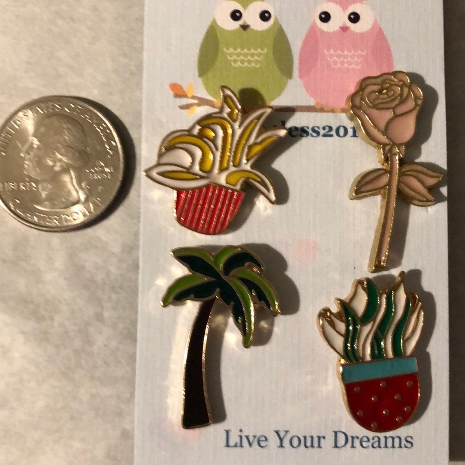 Other 4 Piece Palm Tree Pink Rose Plant 🌱 Pin Brooch Size ONE SIZE - 1 Thumbnail