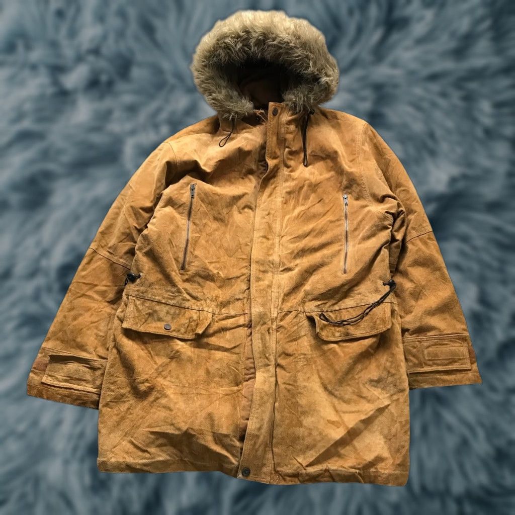 Vintage Wilsons Leather M. Julian Hooded Parka Jacket Mens Large Suede Faux Fur Trim Long Sleeve Full Zip Pockets Brown Jacket Size L / US 10 / IT 46 - 1 Thumbnail