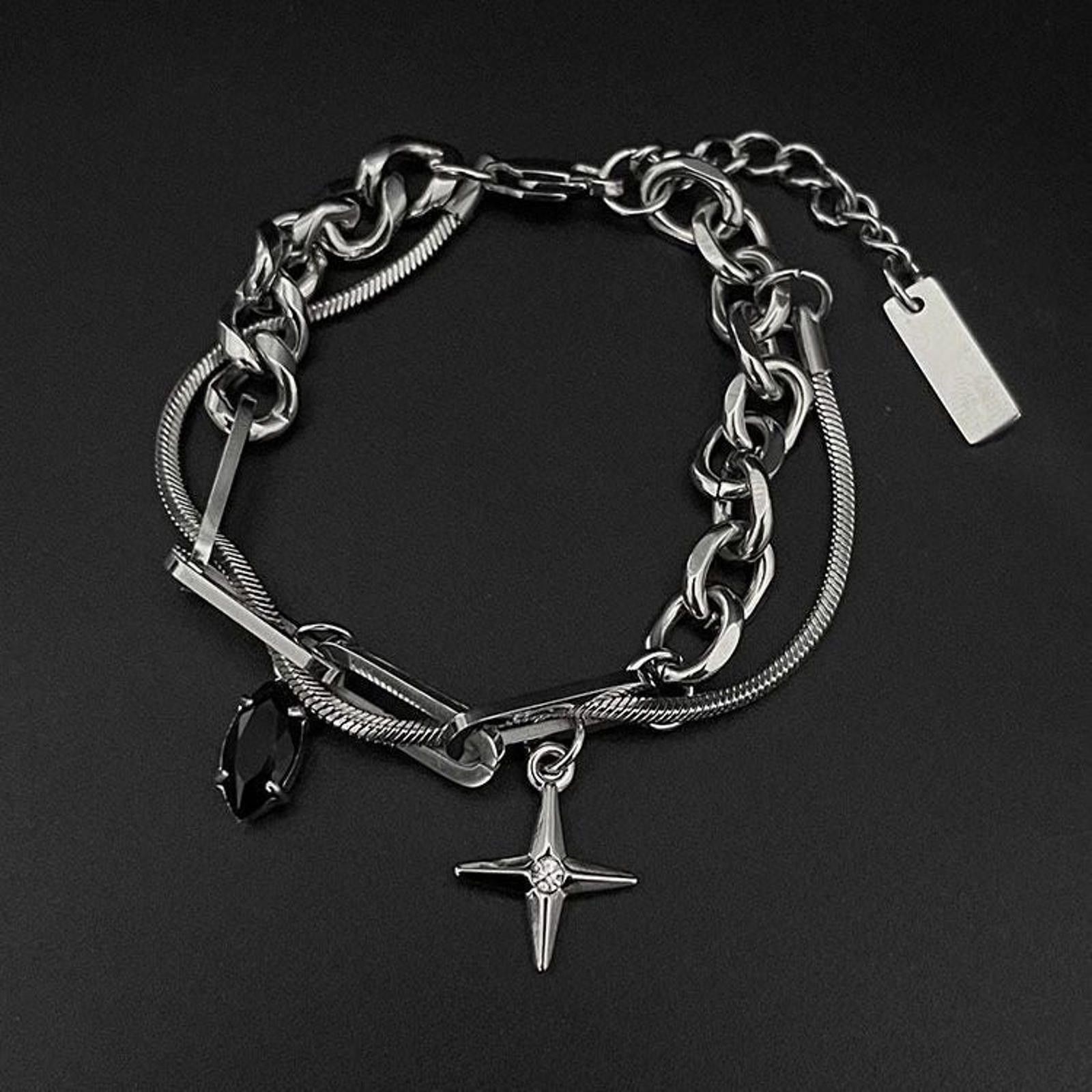 Jewelry Silver Chain Bracelet with Cross and Black Gem Charms Size ONE SIZE - 3 Thumbnail