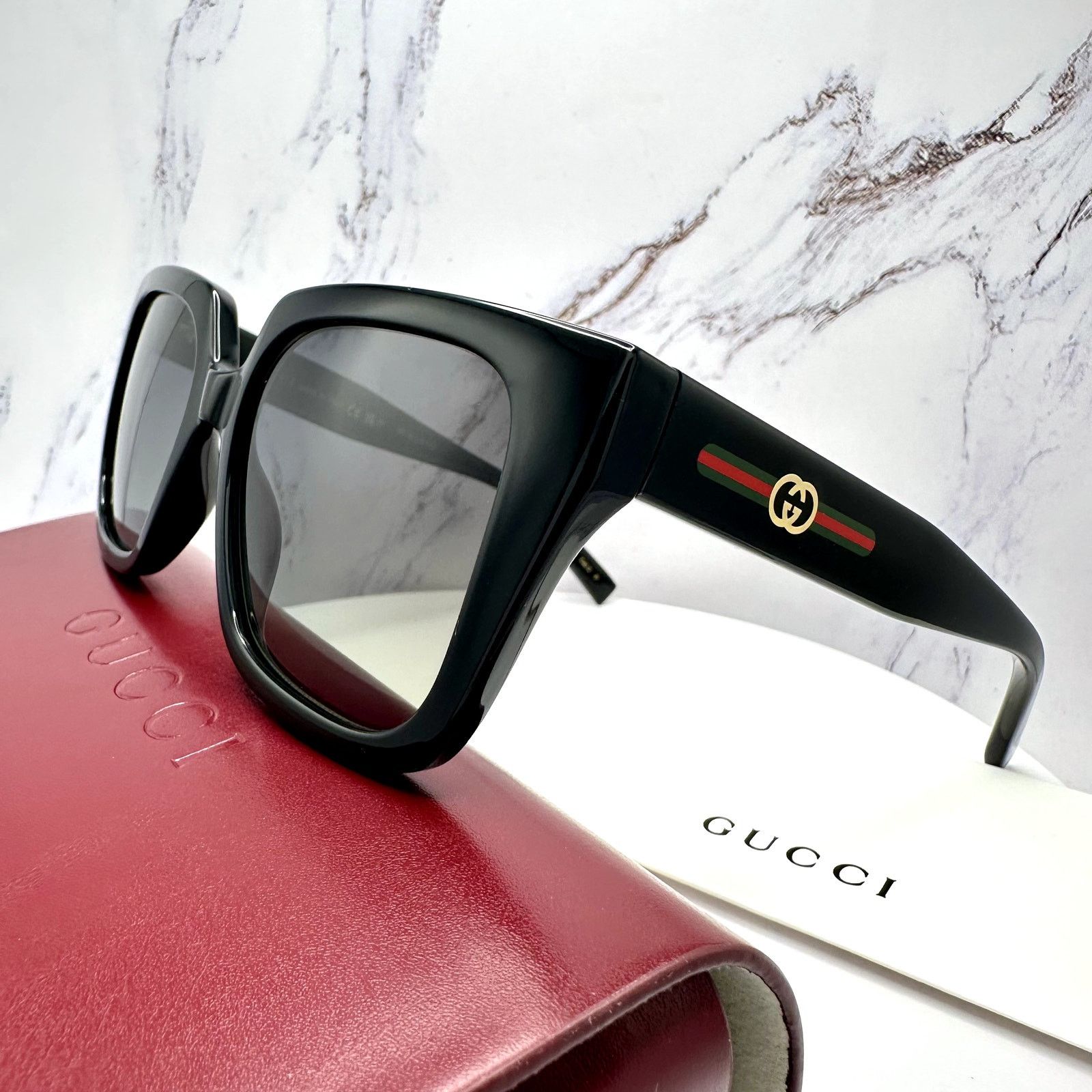 Gucci New GUCCI Sunglasses Black 54mm Square Gold GG Red Green Web Size ONE SIZE - 9 Thumbnail