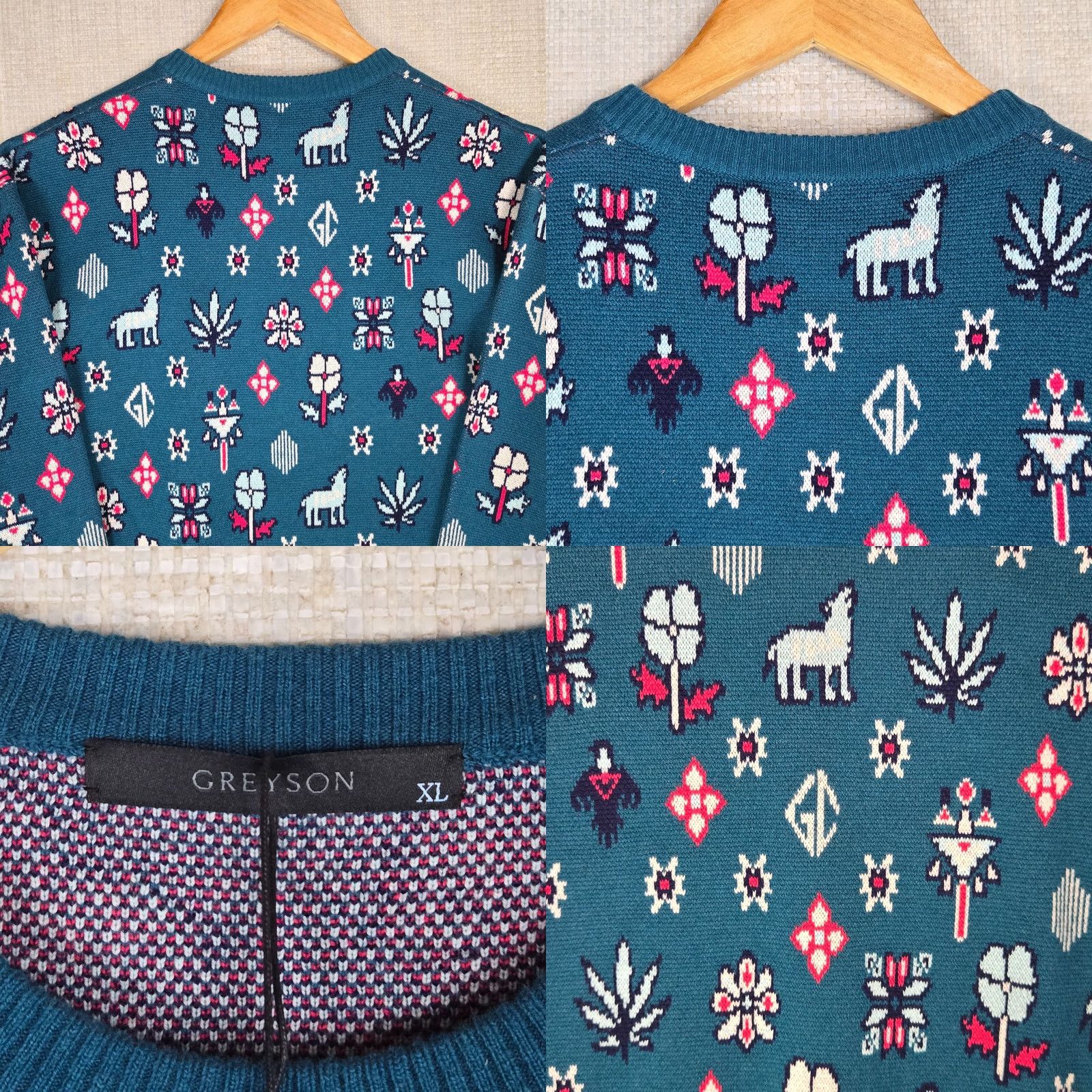 Vintage Greyson Mens Crew Neck Wool/Cashmere Blend Sweater XL Sea Green Casual All Seasons Geometric Aztec Western Theme Pullover Long Sleeve Regular Fit Size US XL / EU 56 / 4 - 8 Thumbnail