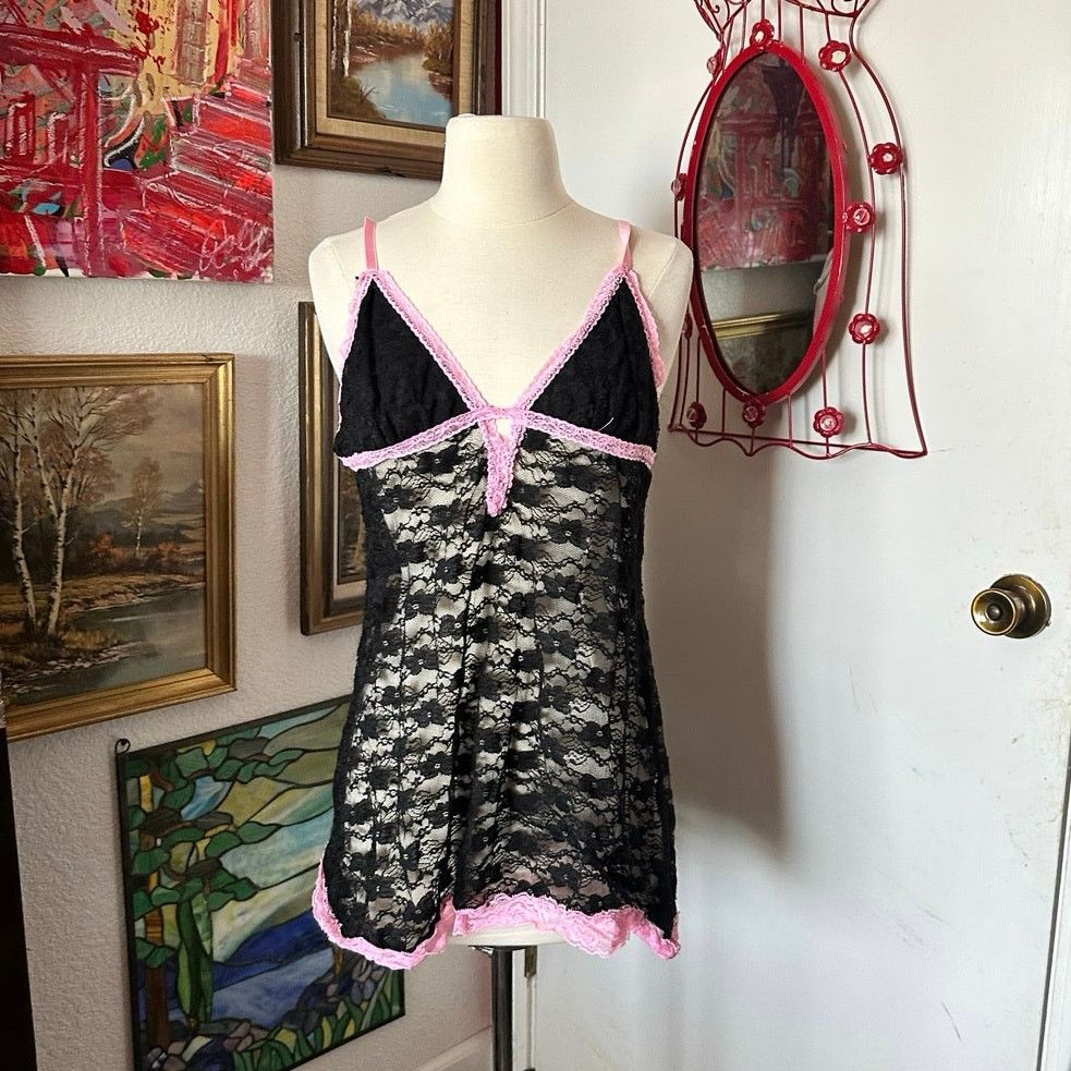 Other just sexy black pink floral lace tank top slip Size L / US 10 / IT 46 - 1 Thumbnail