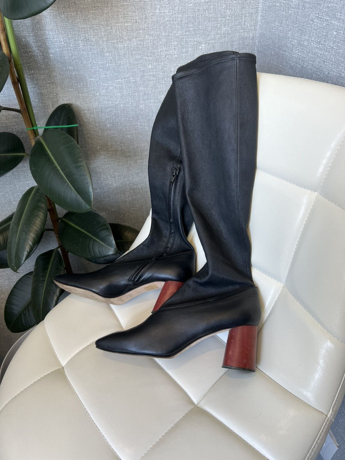 Helmut Lang Black Leather Knee-High Boots Block Heel Size 39
