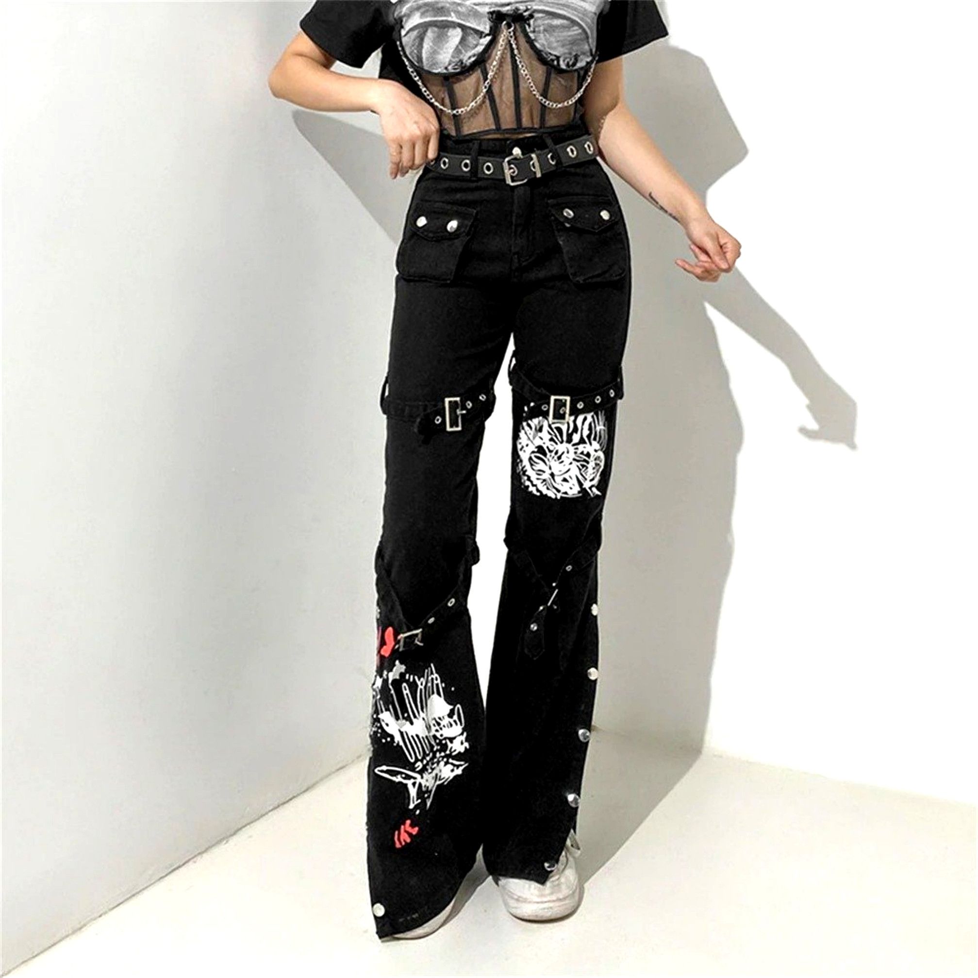 Designer × Japanese Brand × Vintage Punk Goth Floral Straps Pockets Side Fly Slit Cargo Trousers Size 27" / US 4 / IT 40 - 4 Thumbnail