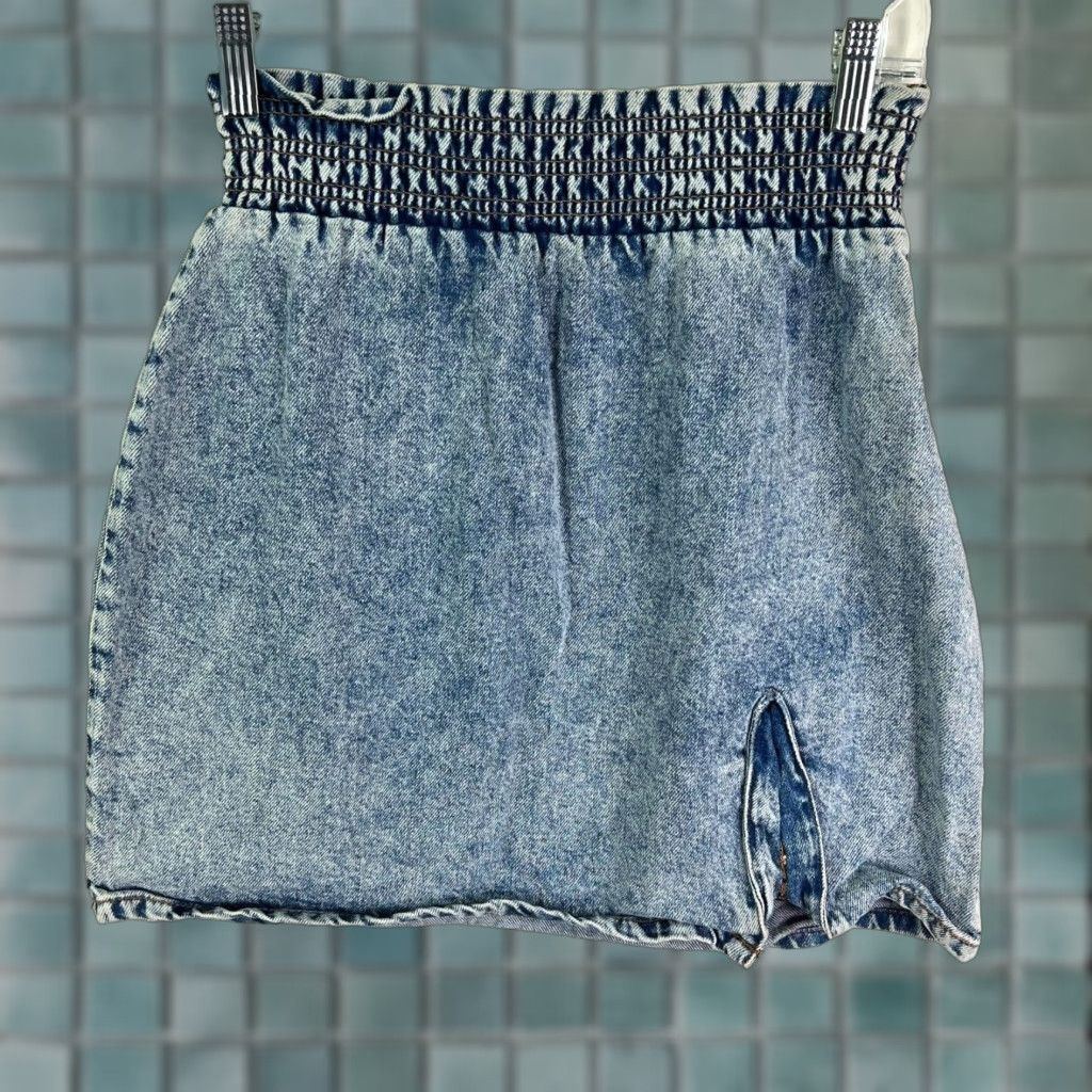 Bdg BDG Denim Skirt Womens M 28X18 Blue Mini Short Stretch Waist 90s Bohemian Barbi Logo Pattern Solid Cotton Denim Vintage No Size 32" / US 10 / IT 46 - 1 Thumbnail