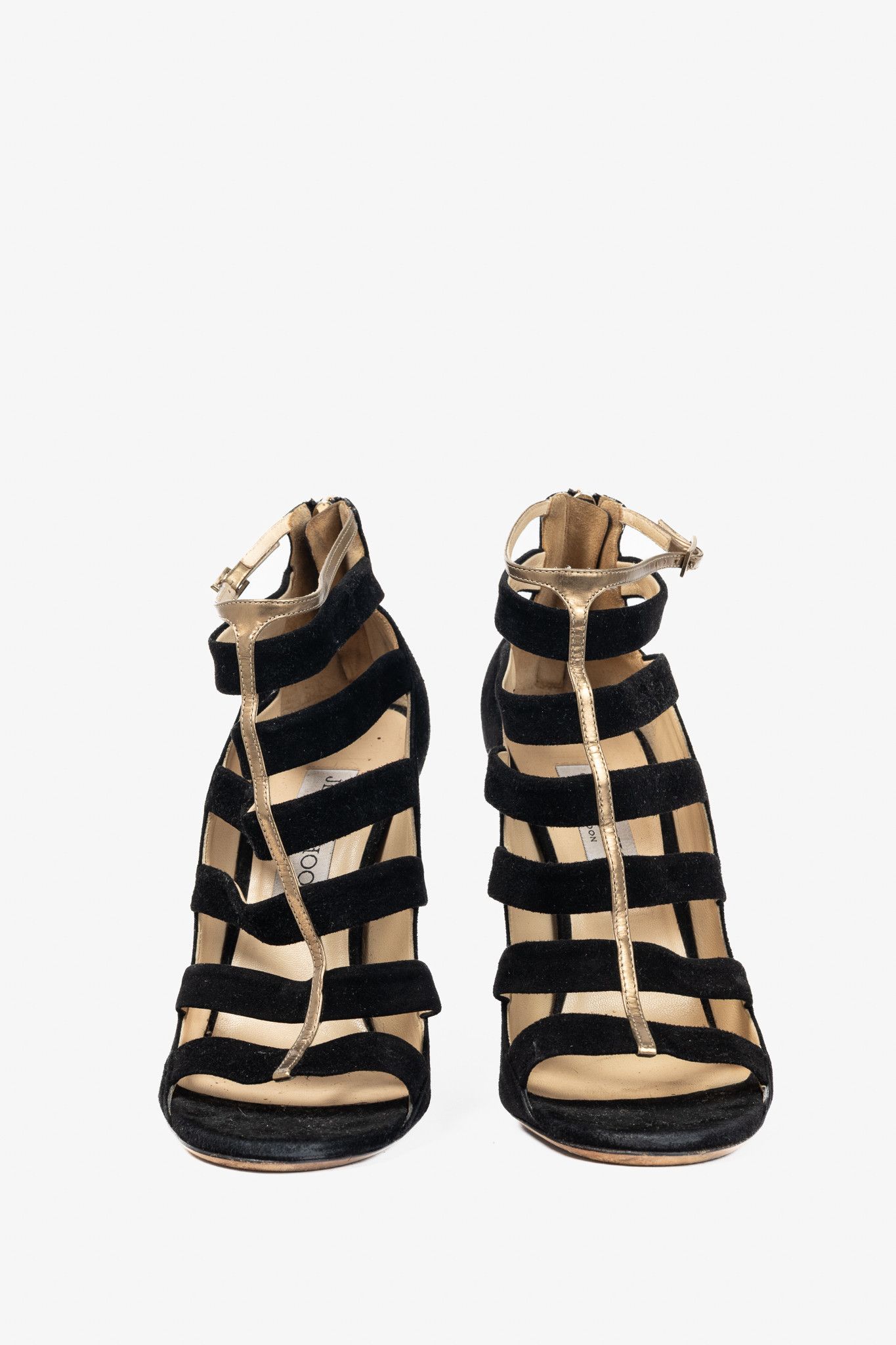 Jimmy Choo Jimmy Choo Fathom Black & Gold Suede Strappy Sandals Size US 7.5 / IT 37.5 - 2 Thumbnail