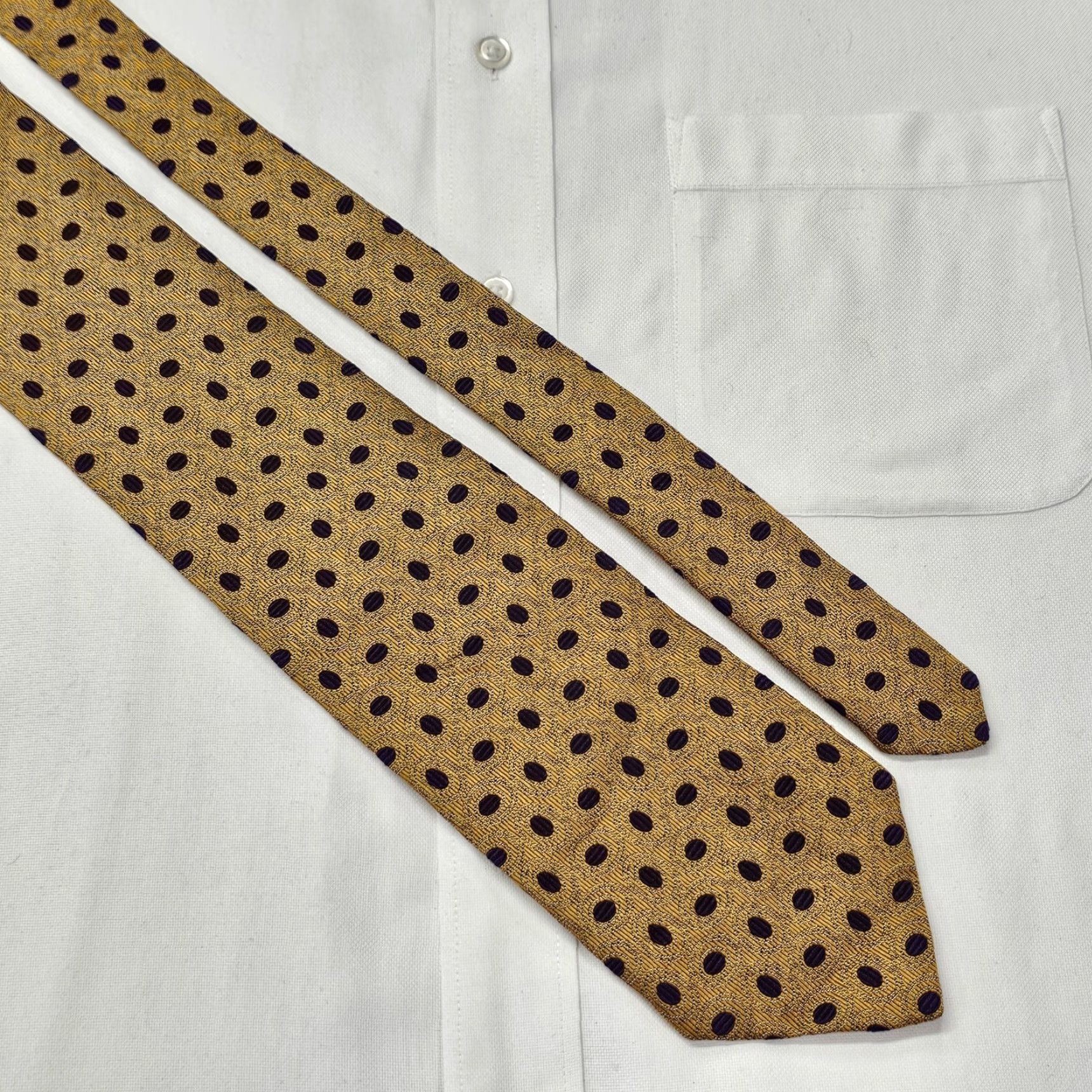 Vintage XMI Couture Long Necktie Men's Gold Purple Polka Dots Textured USA Silk Size ONE SIZE - 4 Thumbnail