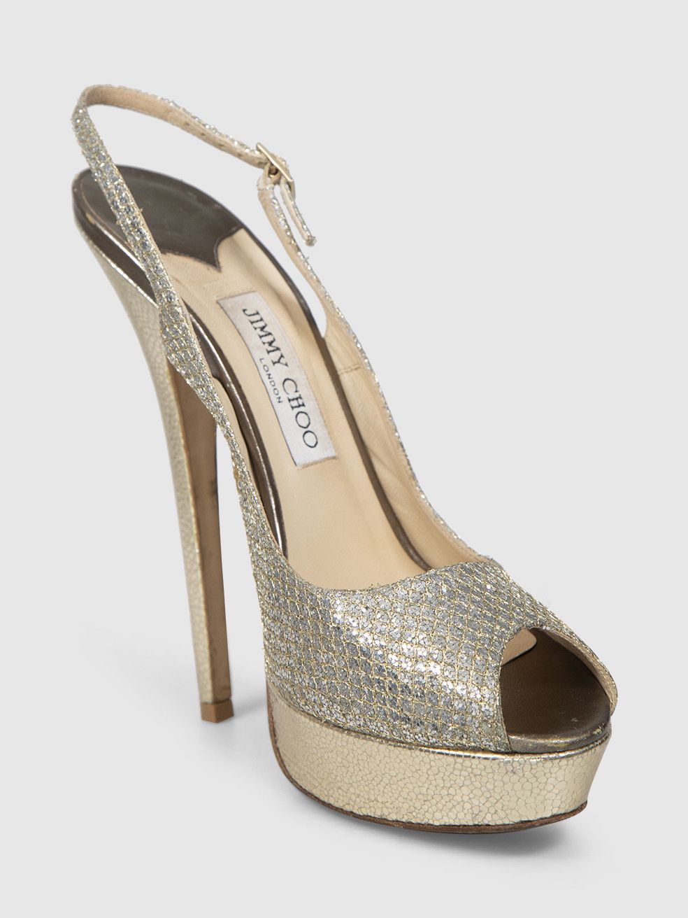 Jimmy Choo Silver Glitter & Gold Leather Heels Size US 10 / IT 40 - 1 Thumbnail