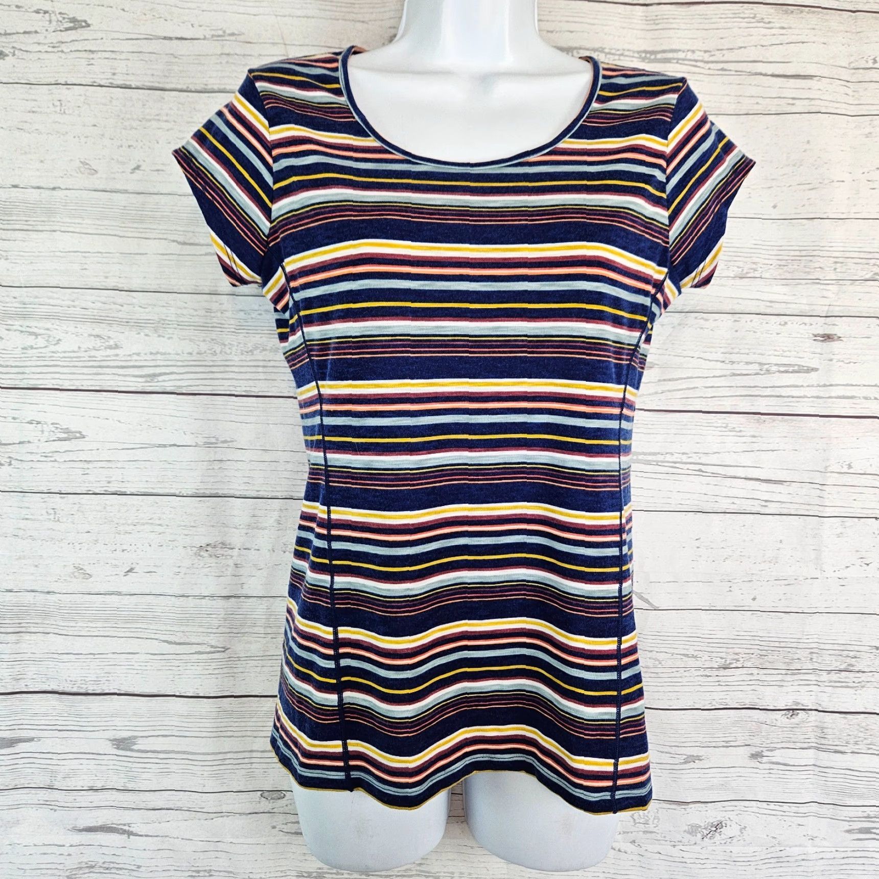 Vintage Title Nine Womens Tee XS Blue Yellow Stripe Short Sleeve Shirt Size 26" / US 2 / IT 38 - 2 Thumbnail