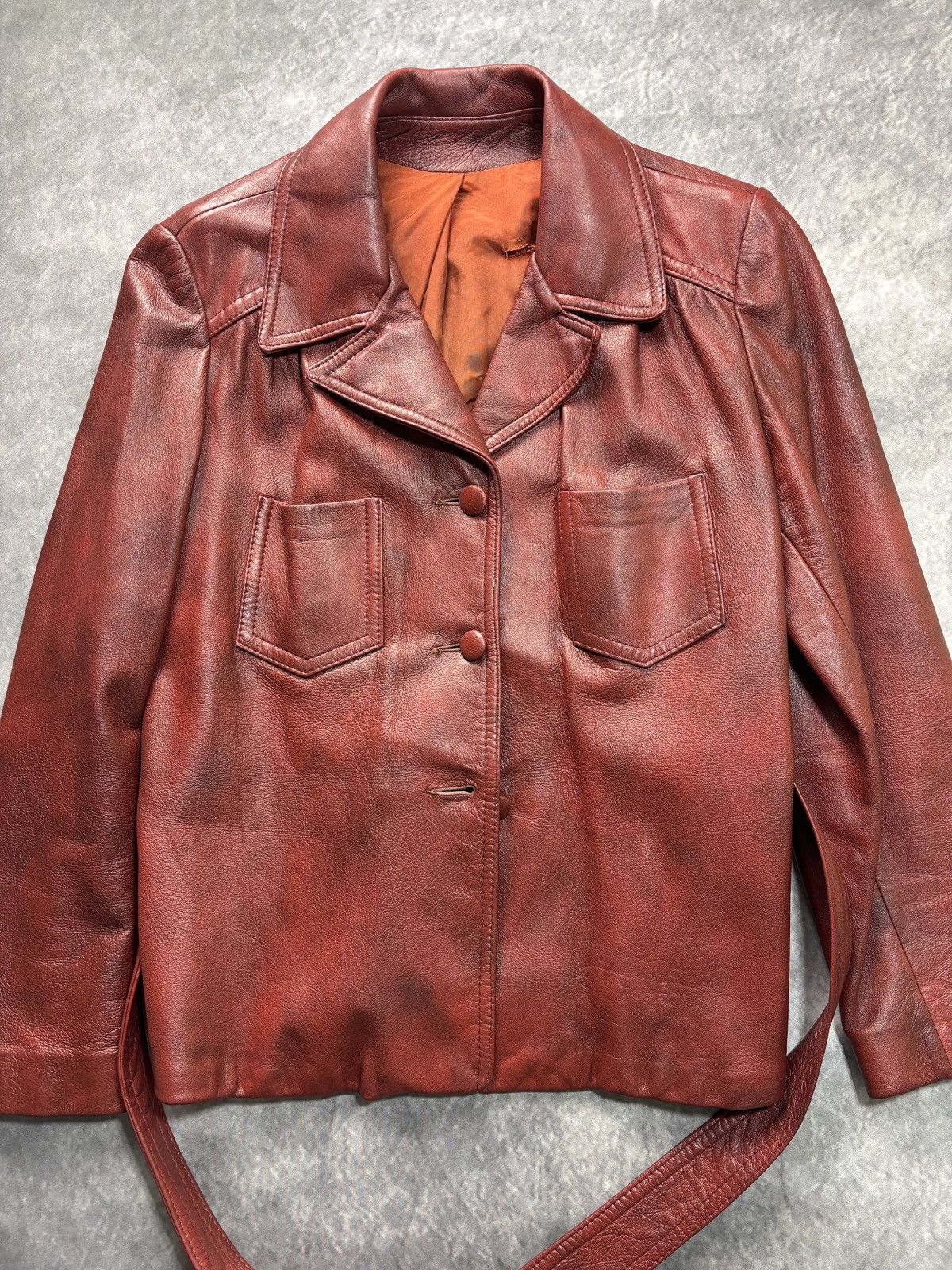 Vintage 70s Vintage Leather Jacket Belted Cropped Red Olympic Womens Size XXL / US 16-18 / IT 52-54 - 15 Thumbnail