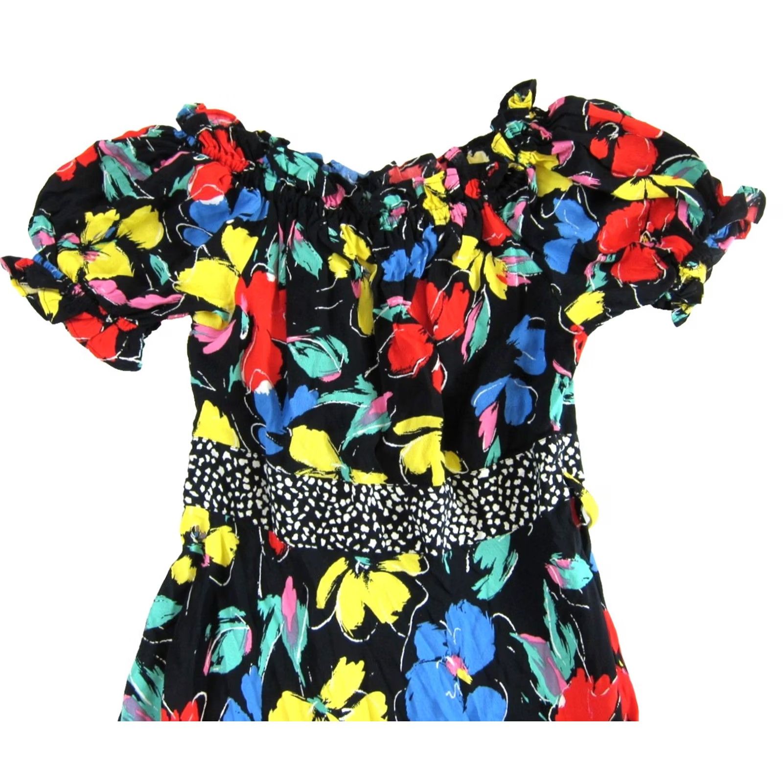 Vintage RICO Black Yellow Red Pink Floral Off Shoulder Short Sleeve Long Maxi Dress 4 Size 27" / US 4 / IT 40 - 4 Thumbnail