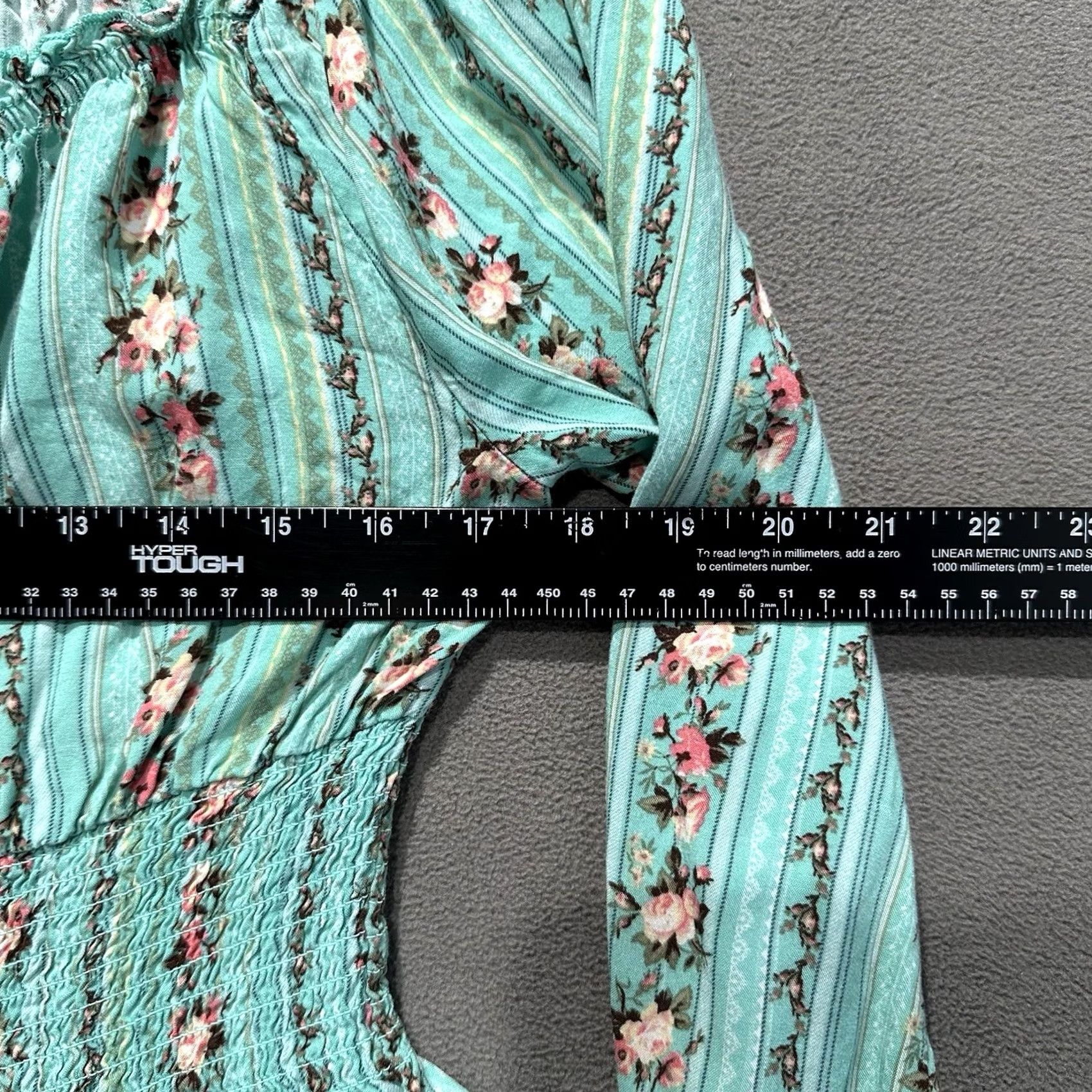 Vintage No Boundaries Junior L Teal Floral Striped Smocked Blouse Rayon Size L / US 10 / IT 46 - 5 Thumbnail