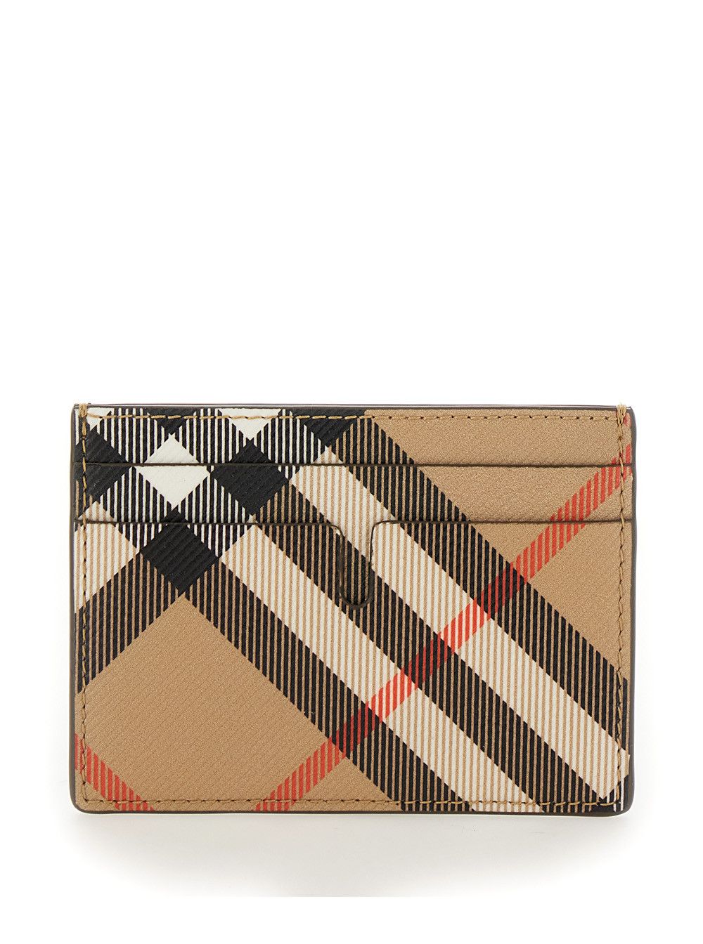 Beige Card Holder with All-Over Check Motif in Cotton Blend Man