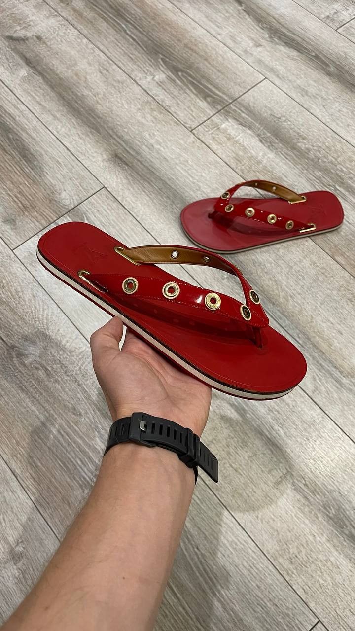 Louis Vuitton Louis Vuitton Red Leather Flip Flops Sandals Gold Studded Size US 10 / IT 40 - 1 Thumbnail
