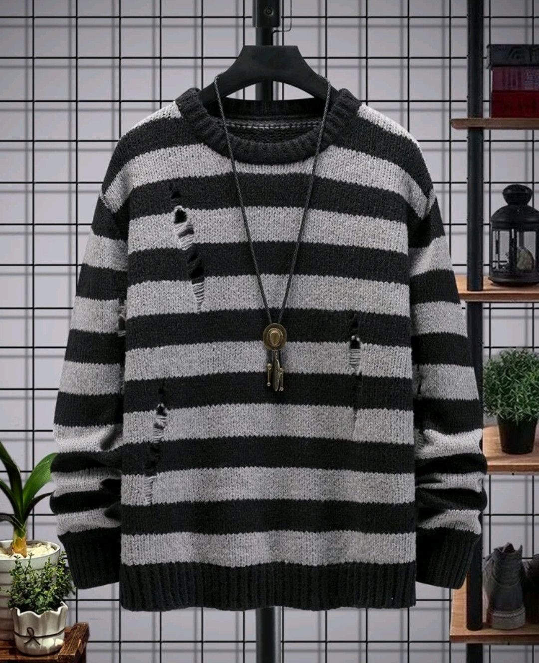 Japanese Brand × Vintage Striped Ripped Distressed Drop Shoulder Sweater Unisex Size US M / EU 48-50 / 2 - 1 Thumbnail