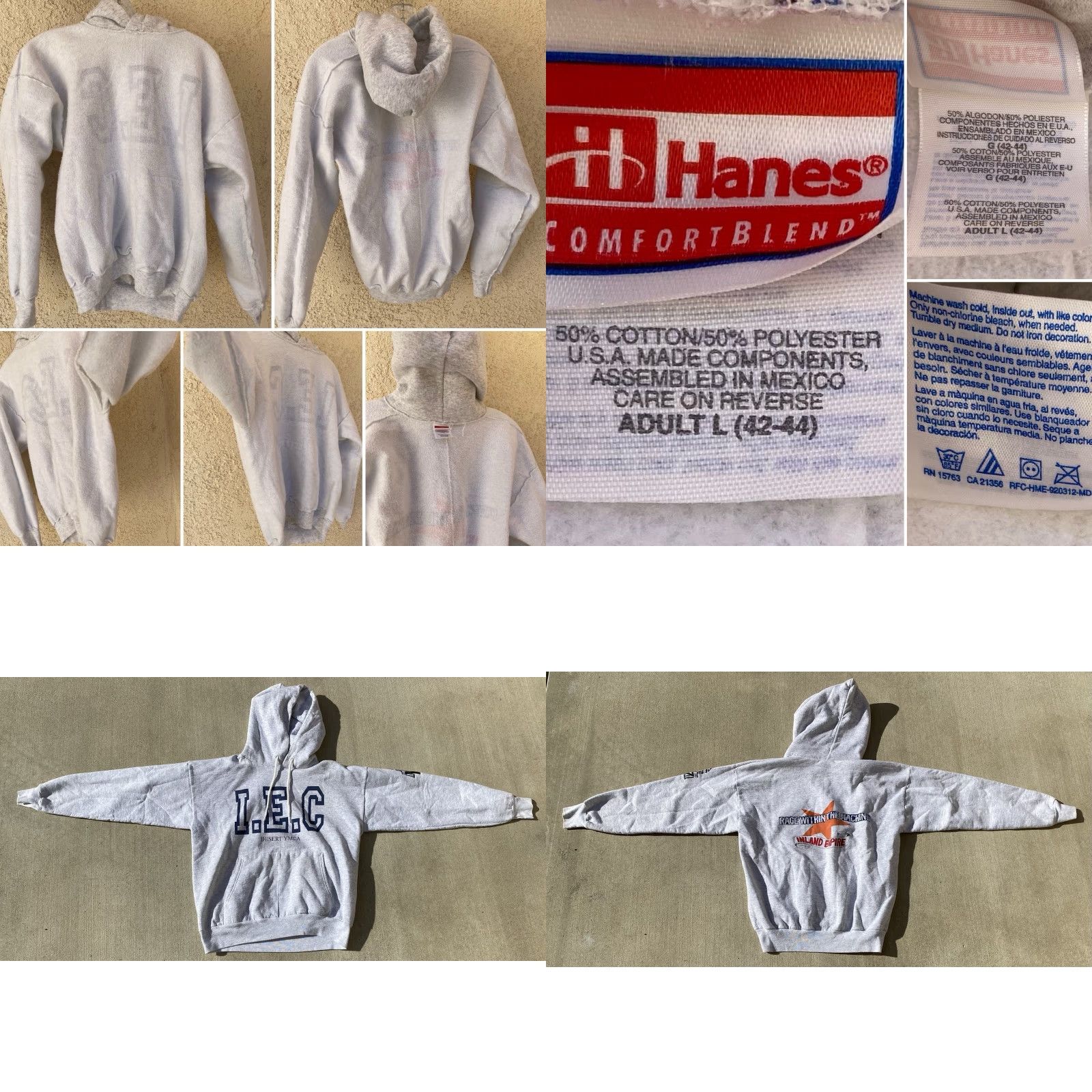 Hanes VINTAGE Hanes Desert YMCA I.E.C Rage Machine Inland Empire Hoodie Sweatshirt L Gray 90s Mens Hoodie Size US L / EU 52-54 / 3 - 10 Thumbnail