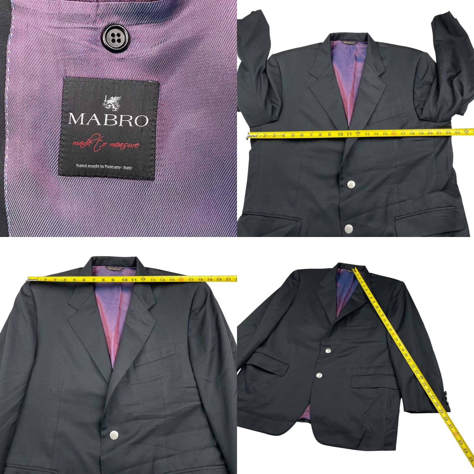 Vintage Guabello Men's Blazer 2-Button Wool Black 44R Italy Notch Lapel Double-Vented Silver Buttons 130's Size 44R - 8 Thumbnail