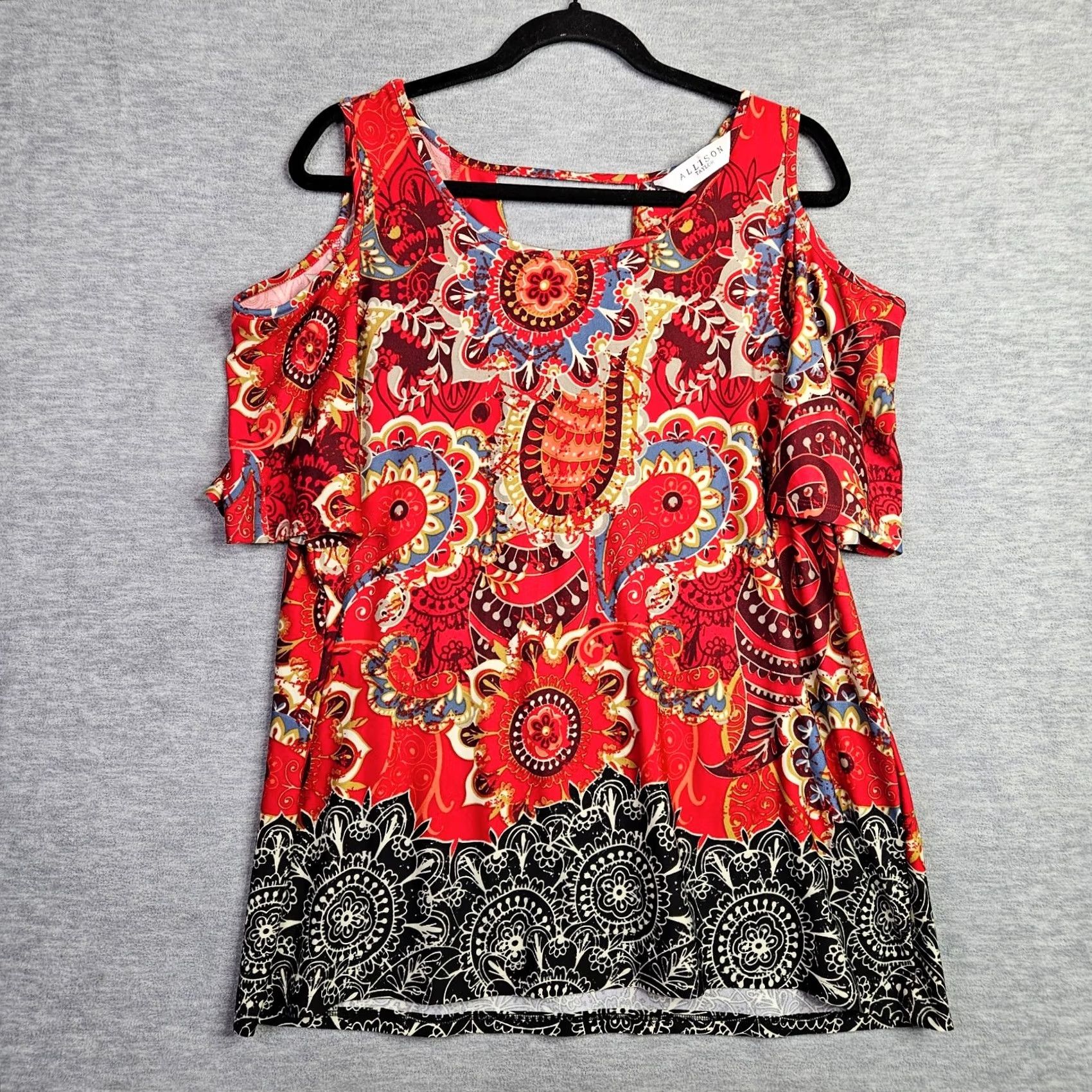 Vintage Allison Taylor Womens Blouse 1X Red Paisley Floral Print Short Sleeve Round Neck Knit Polyester Spandex All Seasons Casual Size XL / US 12-14 / IT 48-50 - 2 Thumbnail