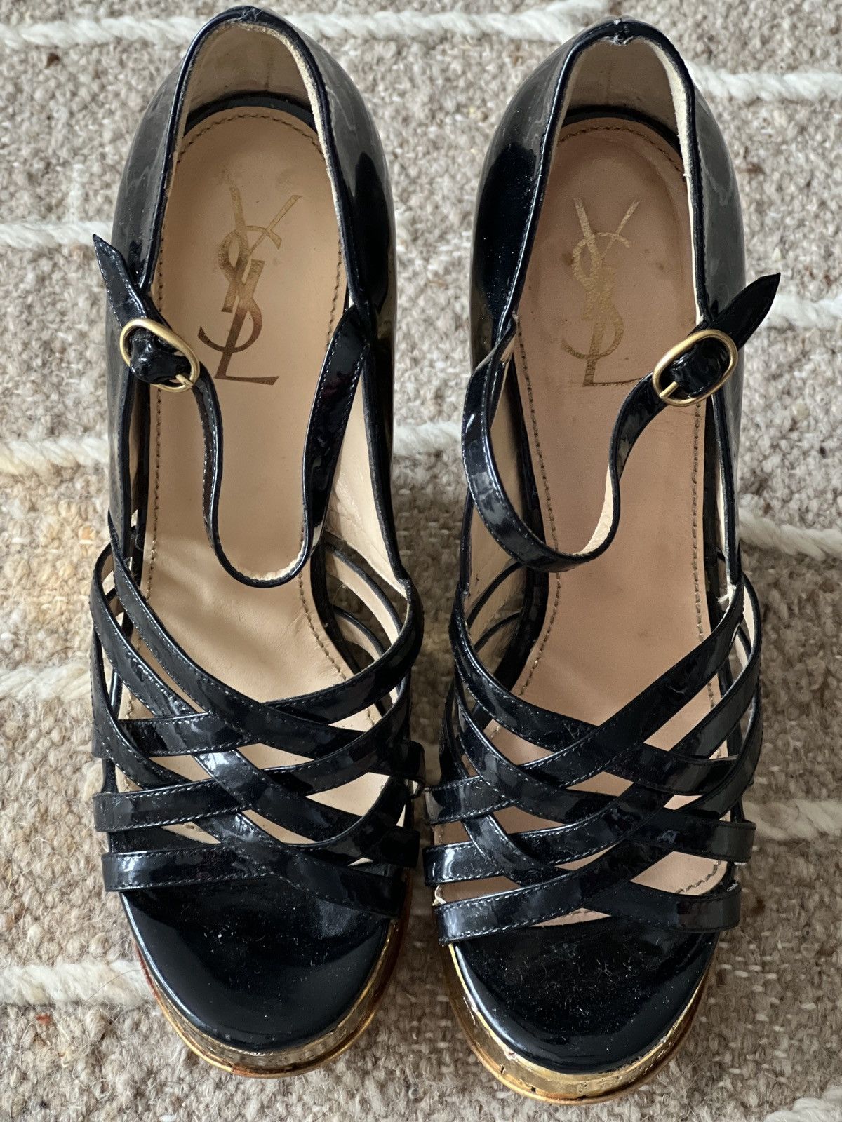 Yves Saint Laurent Yves Saint Laurent Black Leather Straps Gold Cork Wedge Size US 7 / IT 37 - 4 Thumbnail