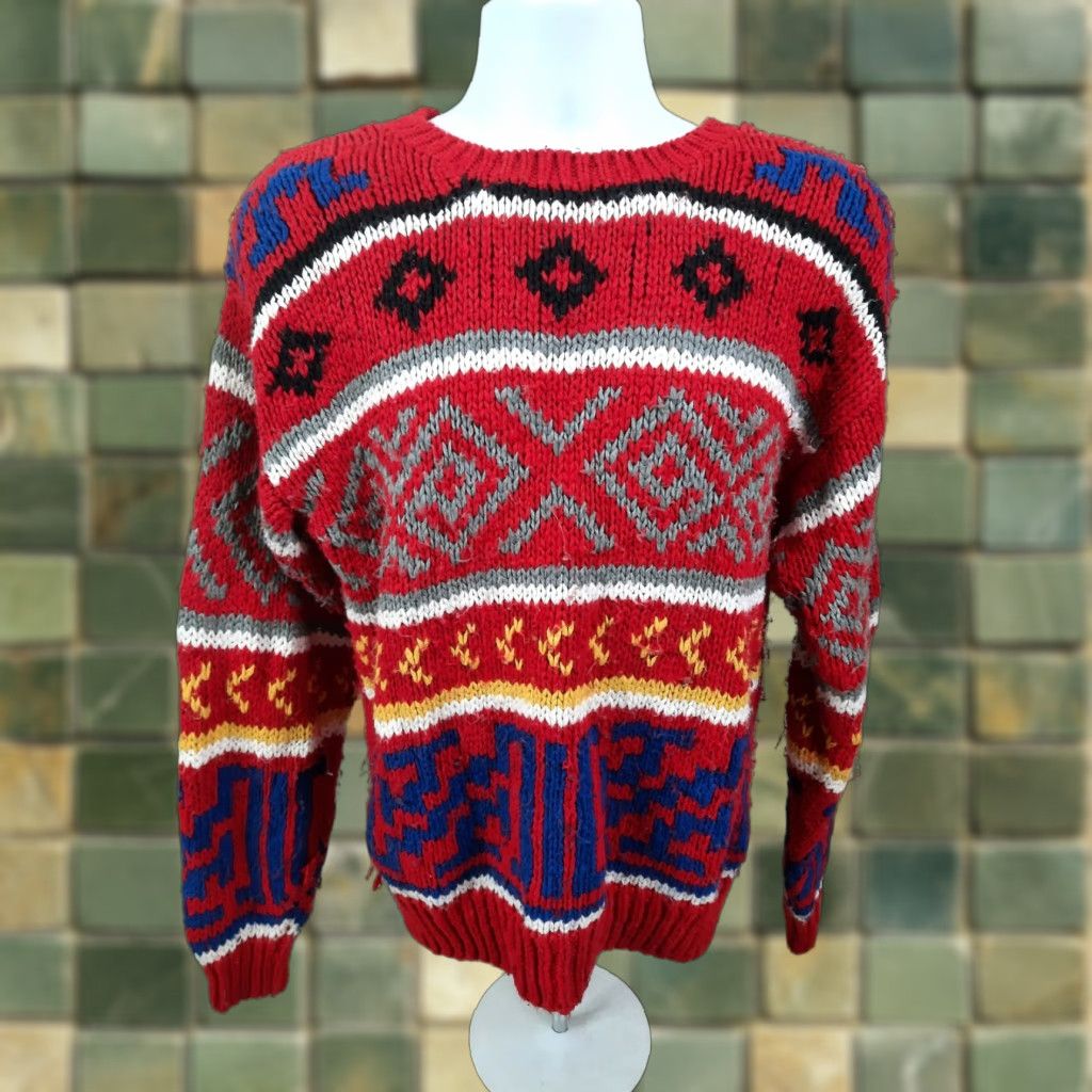 Incu VTG Inc. Men’s Crewneck Pullover Sweater Red Fair Isle 80s Knit S5 Medium (M) Vintage Size US M / EU 48-50 / 2 - 1 Thumbnail