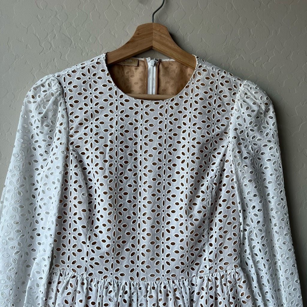 Michael Kors Michael Kors Collection White Eyelet Long Sleeve Knee Length Size XS / US 0-2 / IT 36-38 - 3 Thumbnail