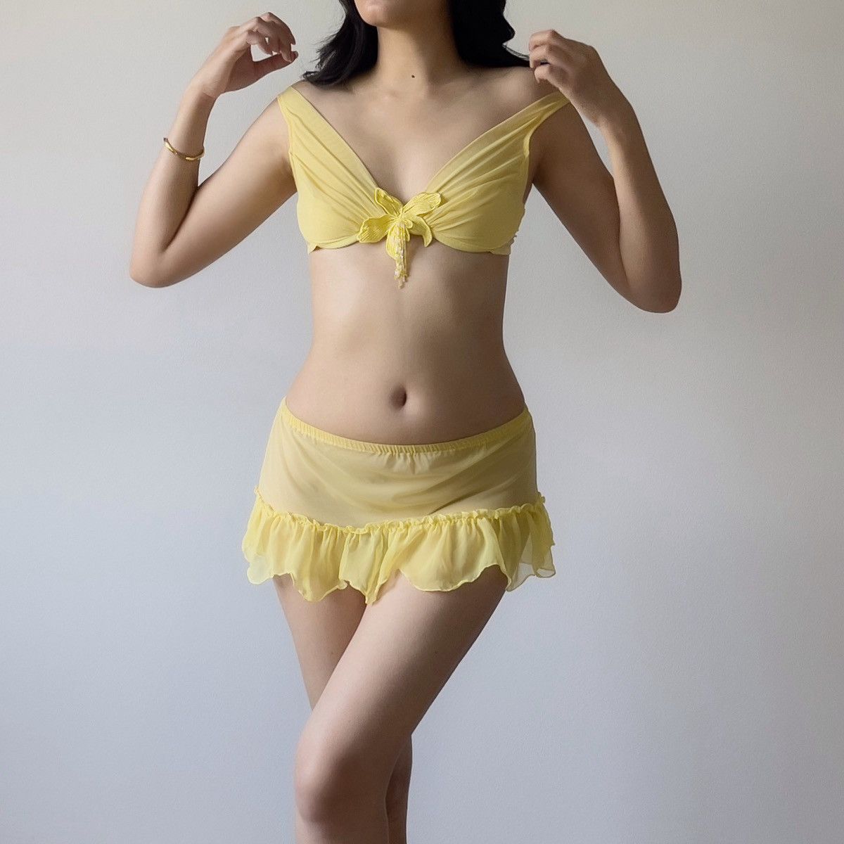 Victoria's Secret Romantic Yellow Mesh Bra & Mini Skirt Sheer Set(36B-C/34C-D) Size ONE SIZE - 5 Thumbnail