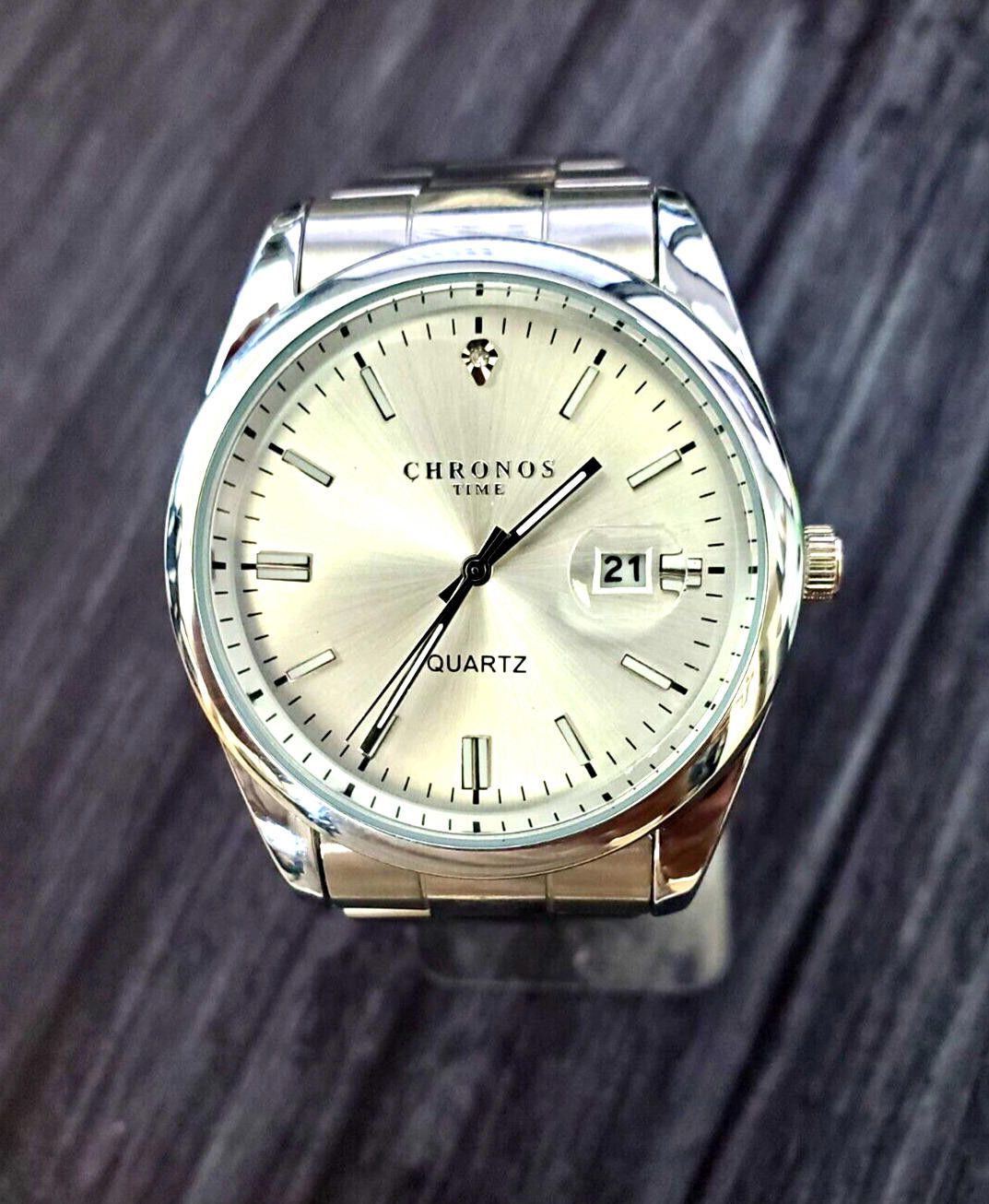 Chronos Men's Date Watch Silver Burst Diamond Dial 90's