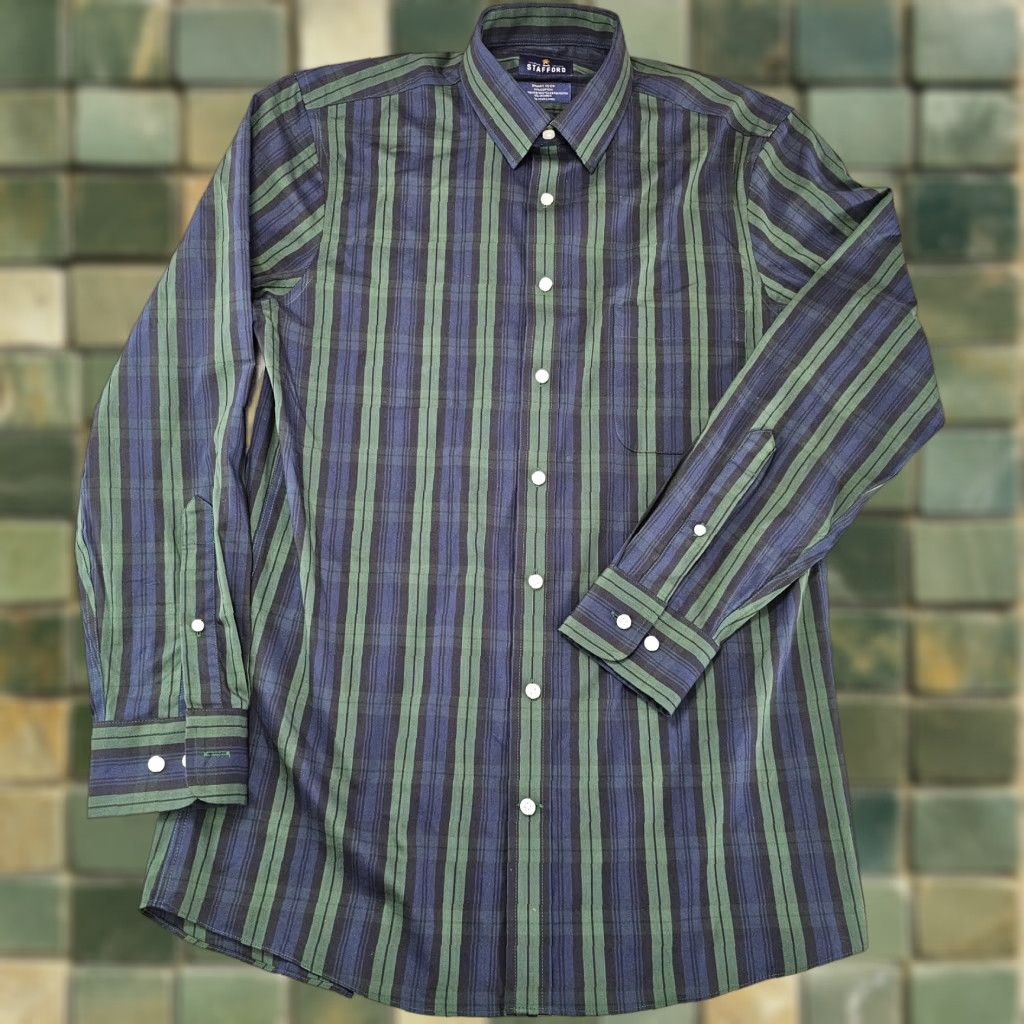Stafford Stafford Men's Dress Shirt Slim Green 15.5 32/33 Cotton Blend Smooth Stretch Button Collar Shirt Mens Slim Check Casual Wedding Travel Size 40R - 1 Thumbnail