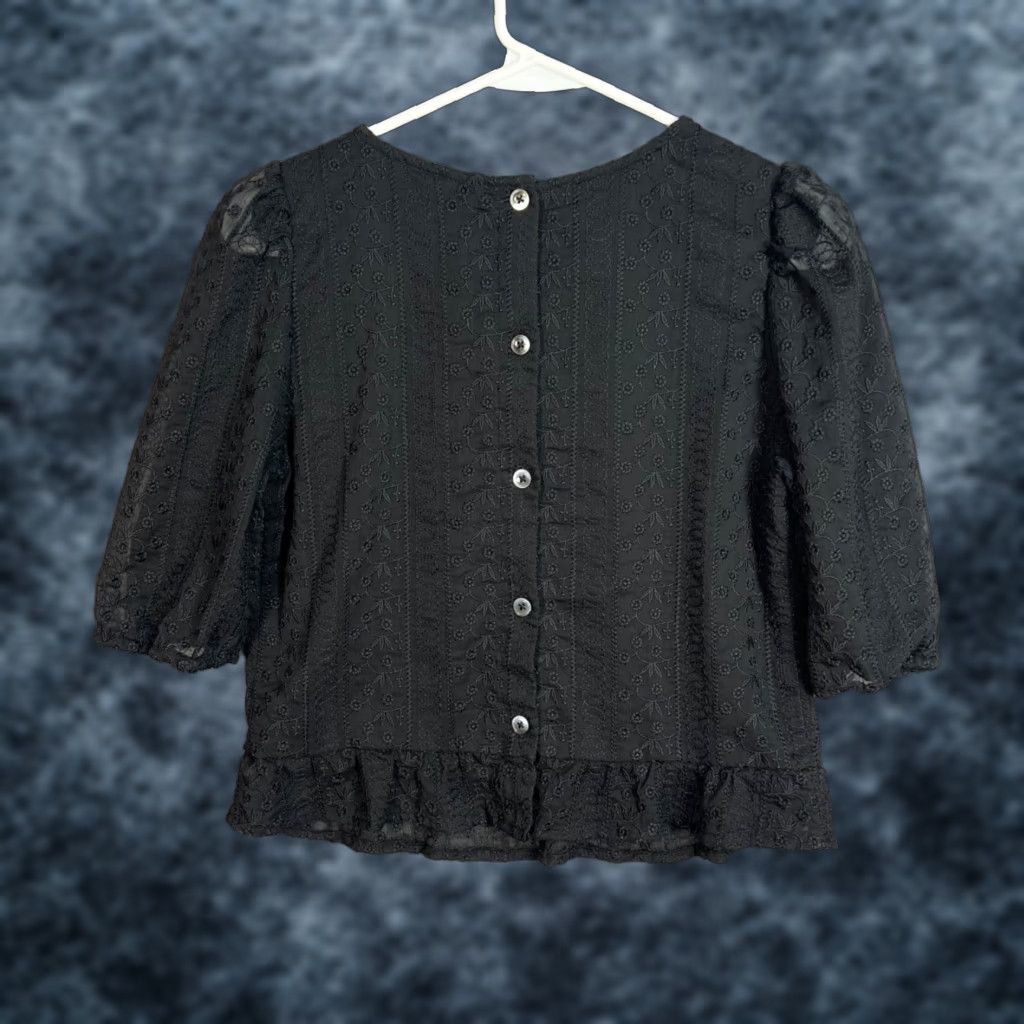 CO RW & Co Womens Blouse Eyelet Embroidered Black Shirt M Floral Round Neck Casual Summer Spring Fall Size M / US 6-8 / IT 42-44 - 1 Thumbnail
