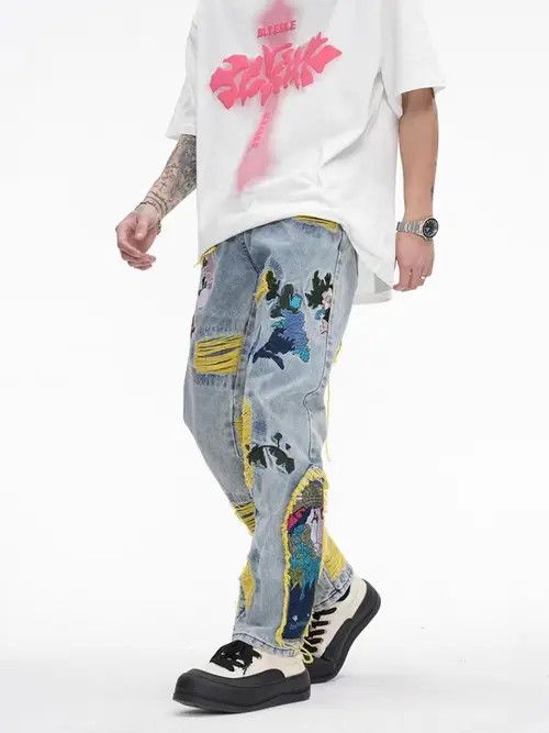 VIBE Retro heavy embroidery ripped washed distressed jeans Size US 30 / EU 46 - 5 Thumbnail