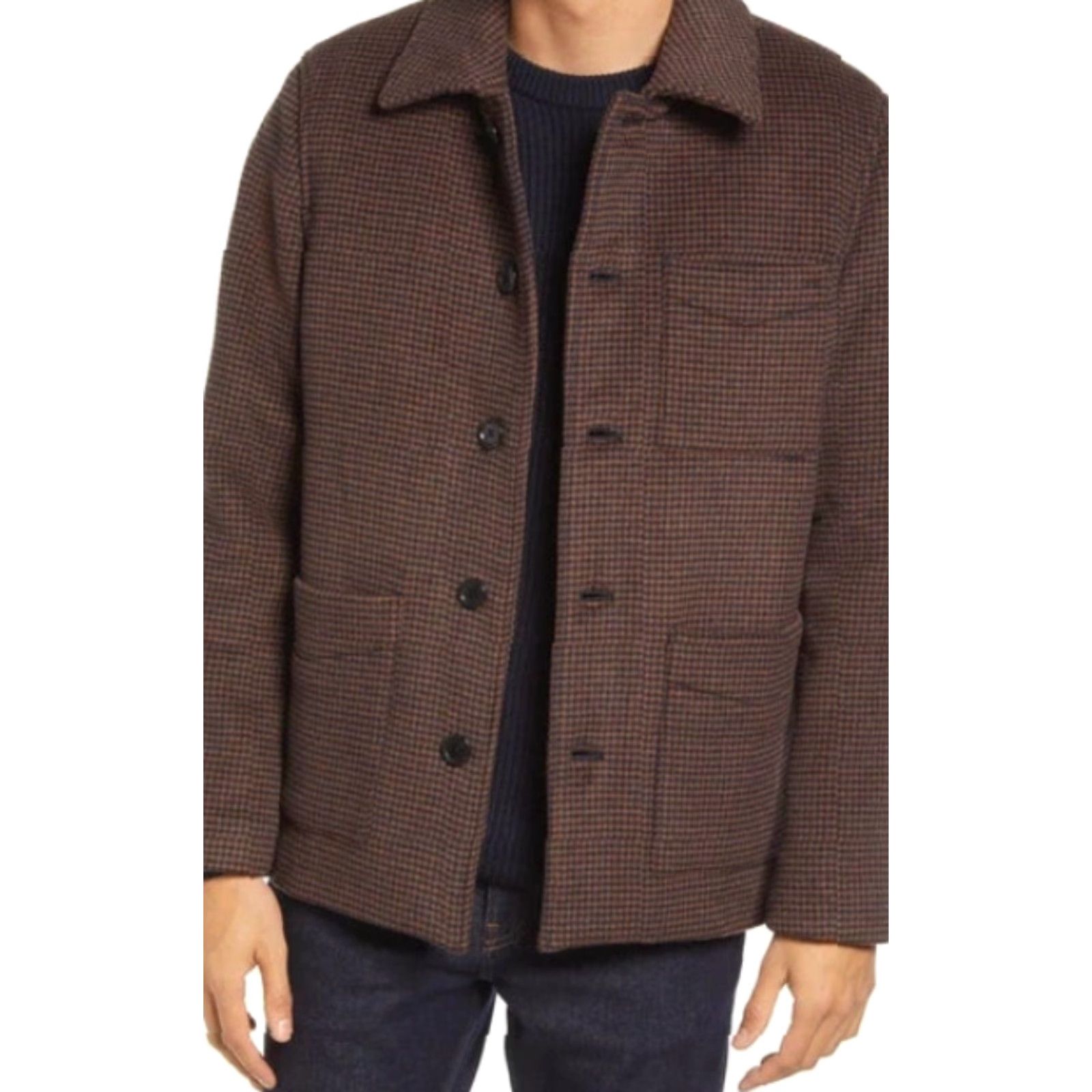 Club Monaco Club Monaco Mens Jacket S Brown Houndstooth Wool Blend Chore Coat, Button, Casual, Regular, Fall Winter Spring, Overcoat, Boardwalk Style, Mens Size US S / EU 44-46 / 1 - 2 Thumbnail