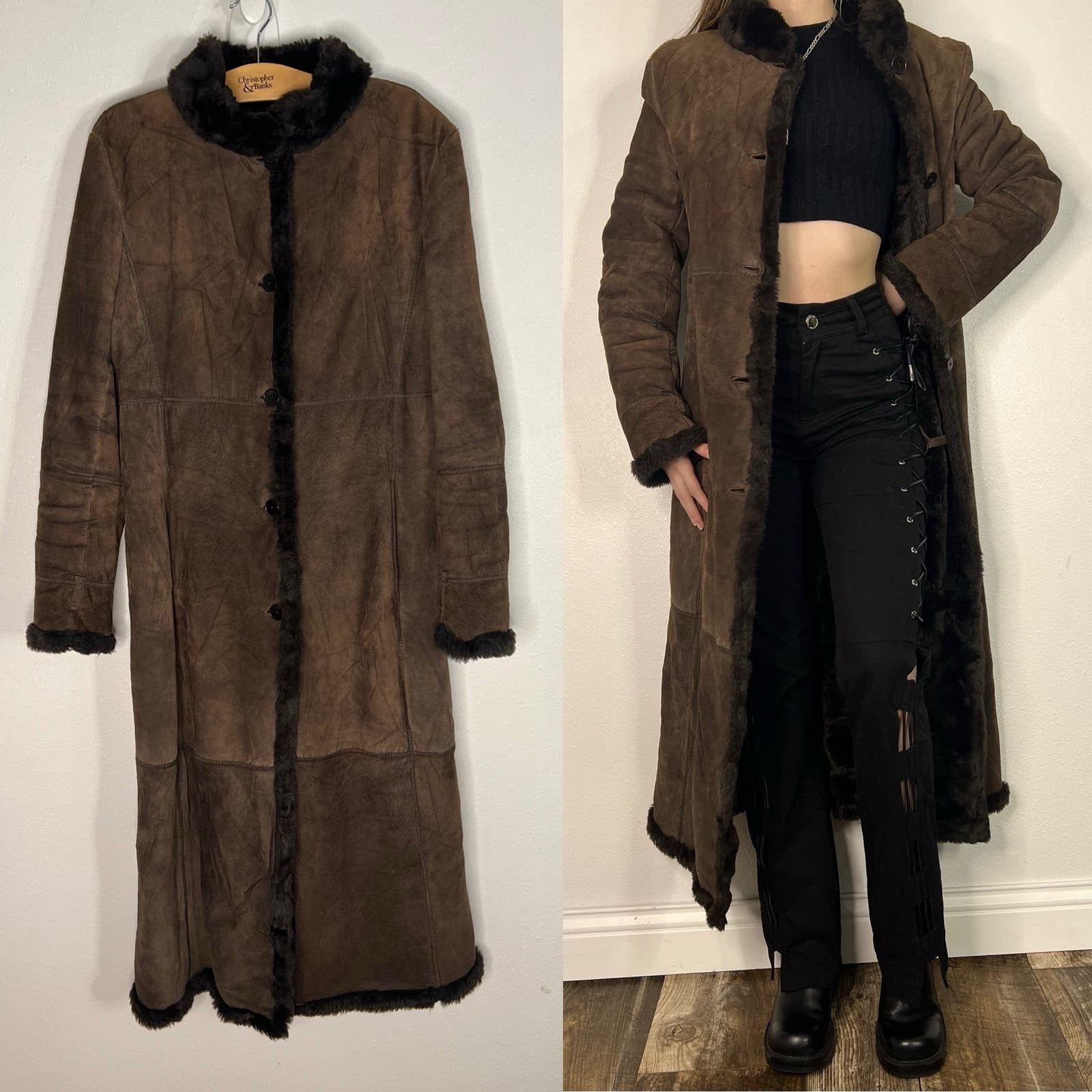 image of Vintage 90's Y2K Pig Suede Brown Long Coat Jacket Penny Lane, Women's (Size Small)