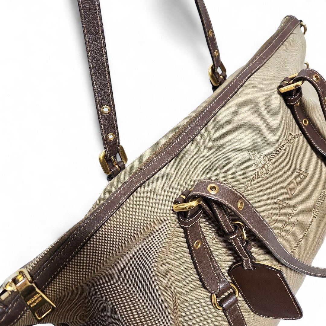 Prada Prada - Jacquard 2way Handbag Beige Brown Leather Size ONE SIZE - 3 Thumbnail