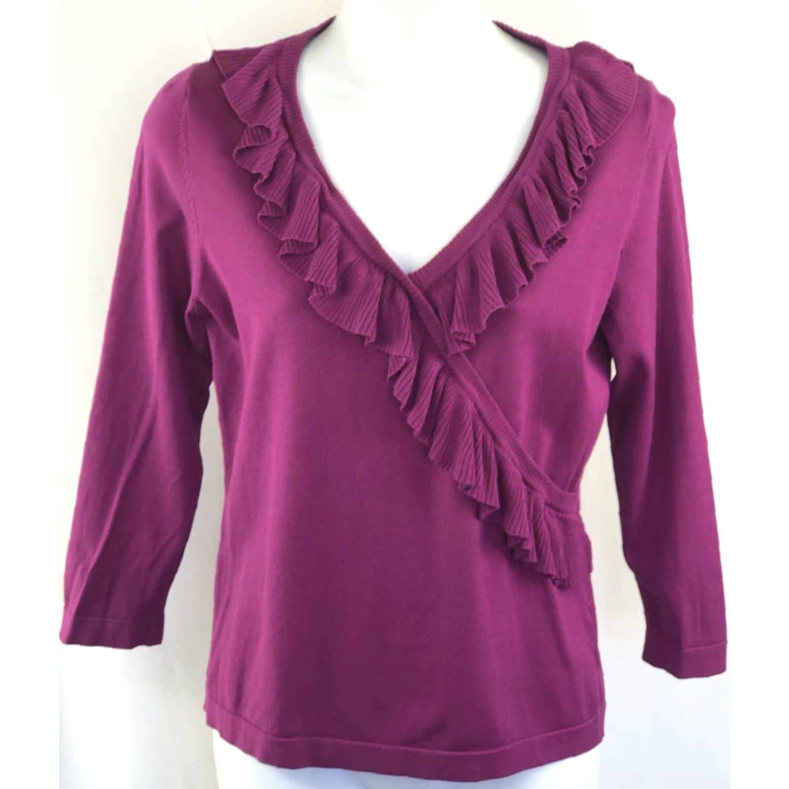 Vintage August Silk V-Neck Purple Knit Sweater 3/4 Sleeve M Womens Pullover Casual Workwear Rainbow Ruffle Classic Y2K Size M / US 6-8 / IT 42-44 - 6 Thumbnail