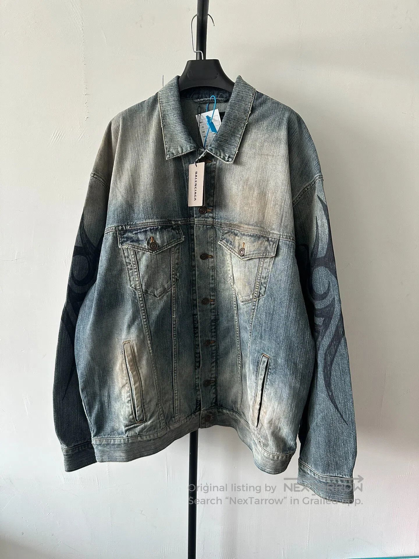 Balenciaga Light Blue Print 1-Button Oversized Denim Jacke, Men's