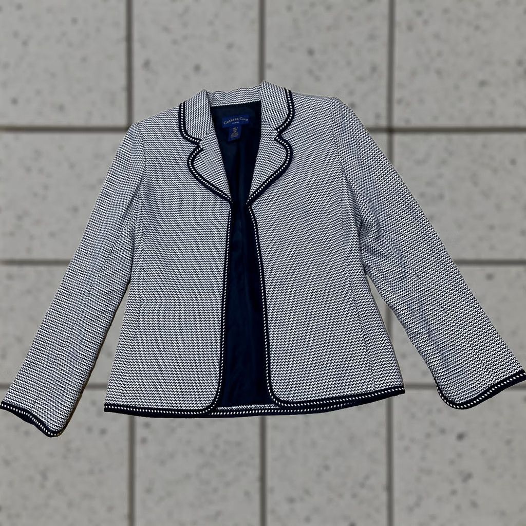 Charter Club VINTAGE CHARTER CLUB Linen Jacket Women 2P Black White HOUNDSTOOTH Beaded Knit Cardigan Old Money Jacket Womens Size XS / US 0-2 / IT 36-38 - 1 Thumbnail