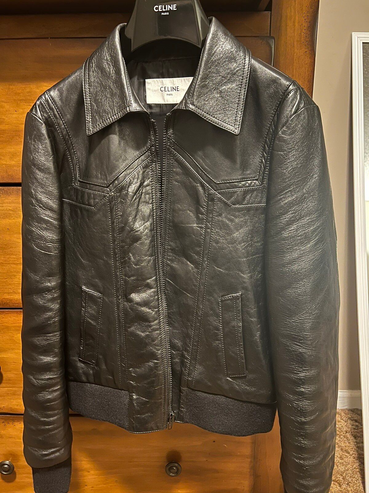 image of Celine X Hedi Slimane Leather Bomber Ss/20 in Black, Men's (Size Small)