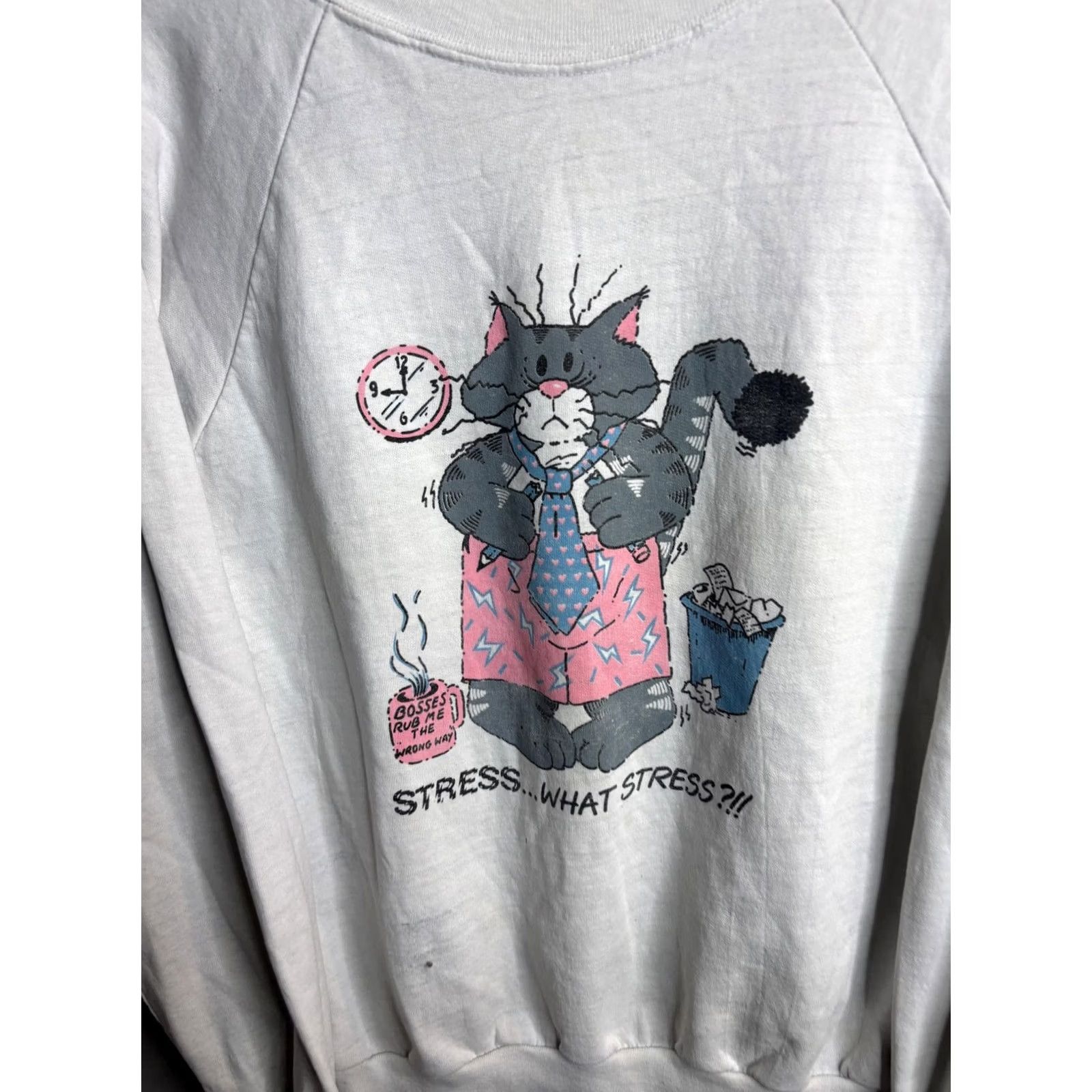 Vintage Stress What Stress Cat Sweatshirt Womens L White Graphic Fleece Pullover Size L / US 10 / IT 46 - 2 Thumbnail
