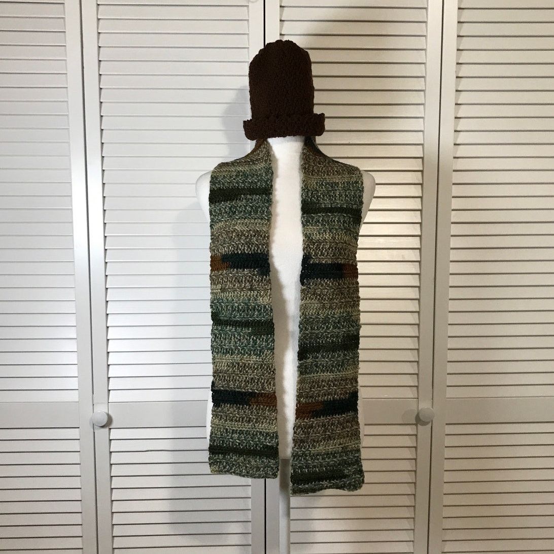 Handmade NWT Handmade Crocheted Brown Multicolor Beanie & Scarf 60” Size ONE SIZE - 1 Thumbnail