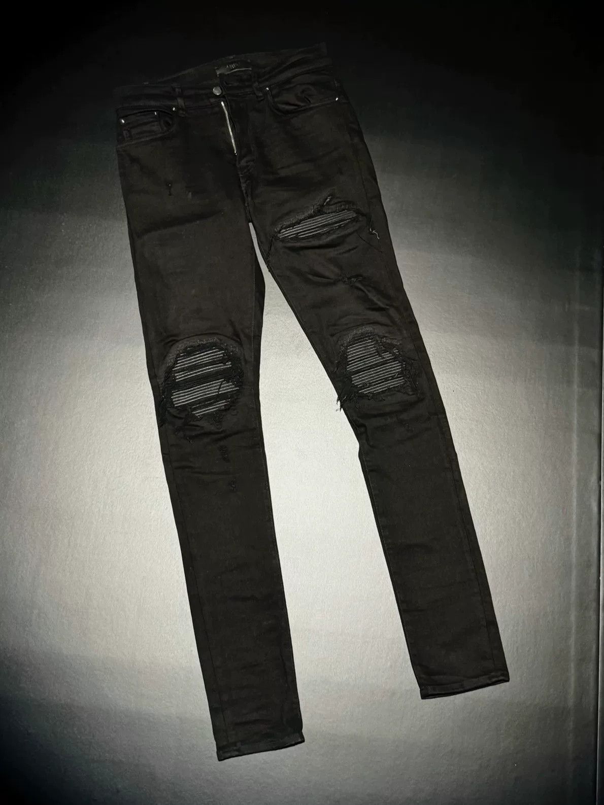 Amiri MX1 Stripe Patch Distressed Skinny Jeans Size US 30 / EU 46 - 1 Thumbnail