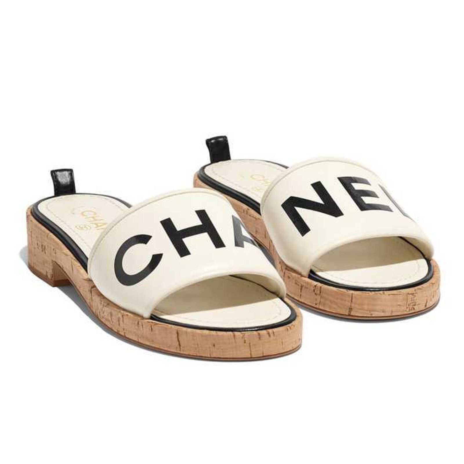Chanel Chanel 19S Ivory Black Letter CC Logo Cork Mules Slide Size US 5 / IT 35 - 1 Thumbnail