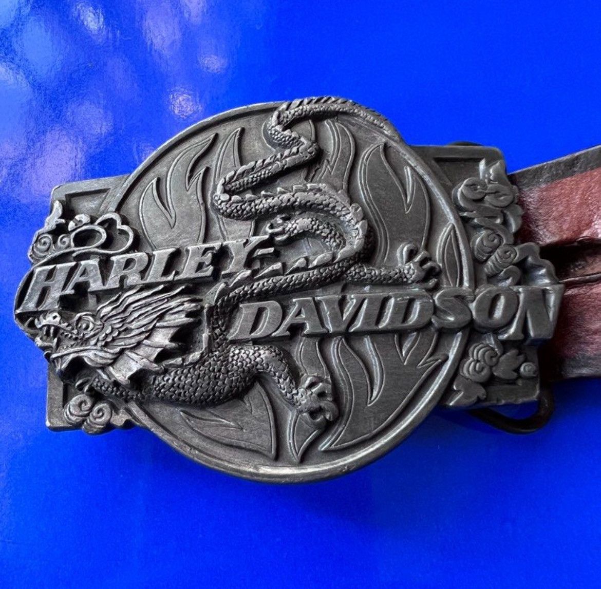 Harley Davidson × Vintage Vintage Harley Davidson Dragon ©️89 Brass Buckle Belt Made in USA Size 36 - 1 Thumbnail